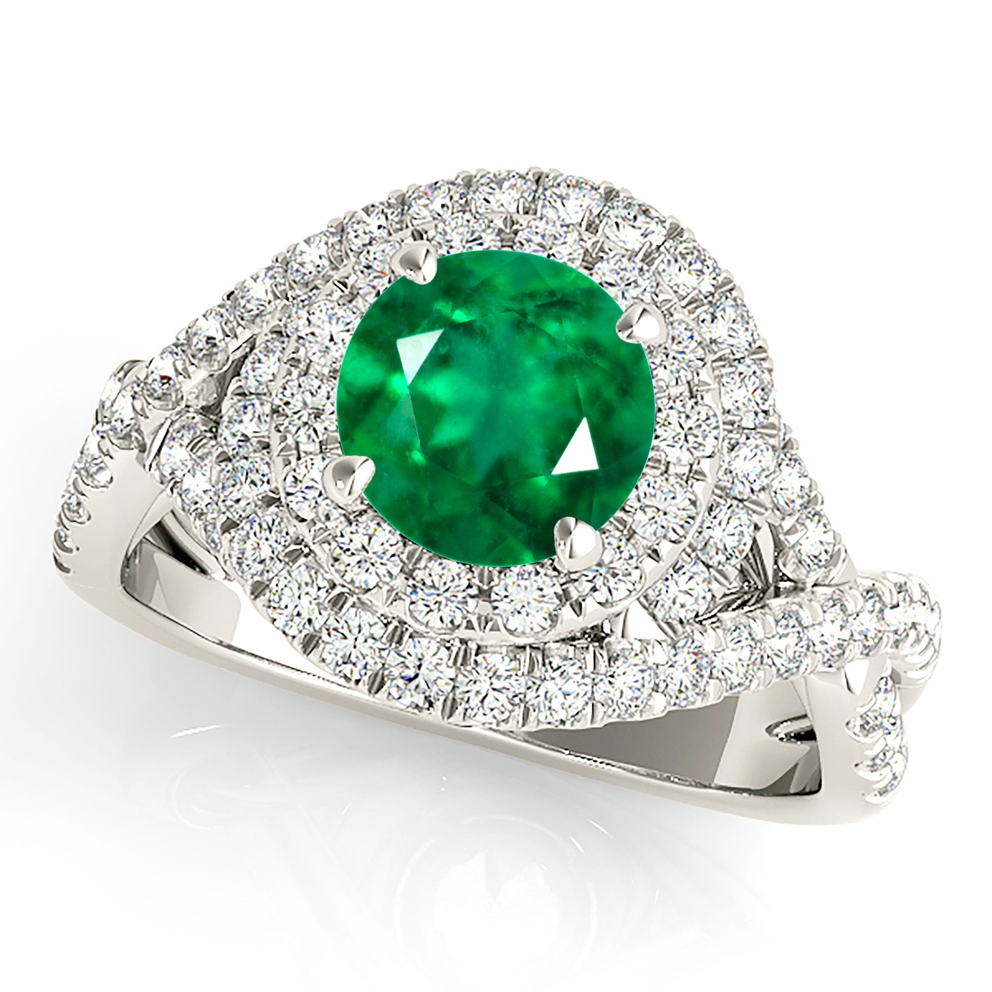 1.14 ct. Genuine Emerald Ring With 0.70 ctw. Diamond Swirl Halo and Twist Diamond Band-in 14K/18K White, Yellow, Rose Gold and Platinum - Christmas Jewelry Gift -VIRABYANI