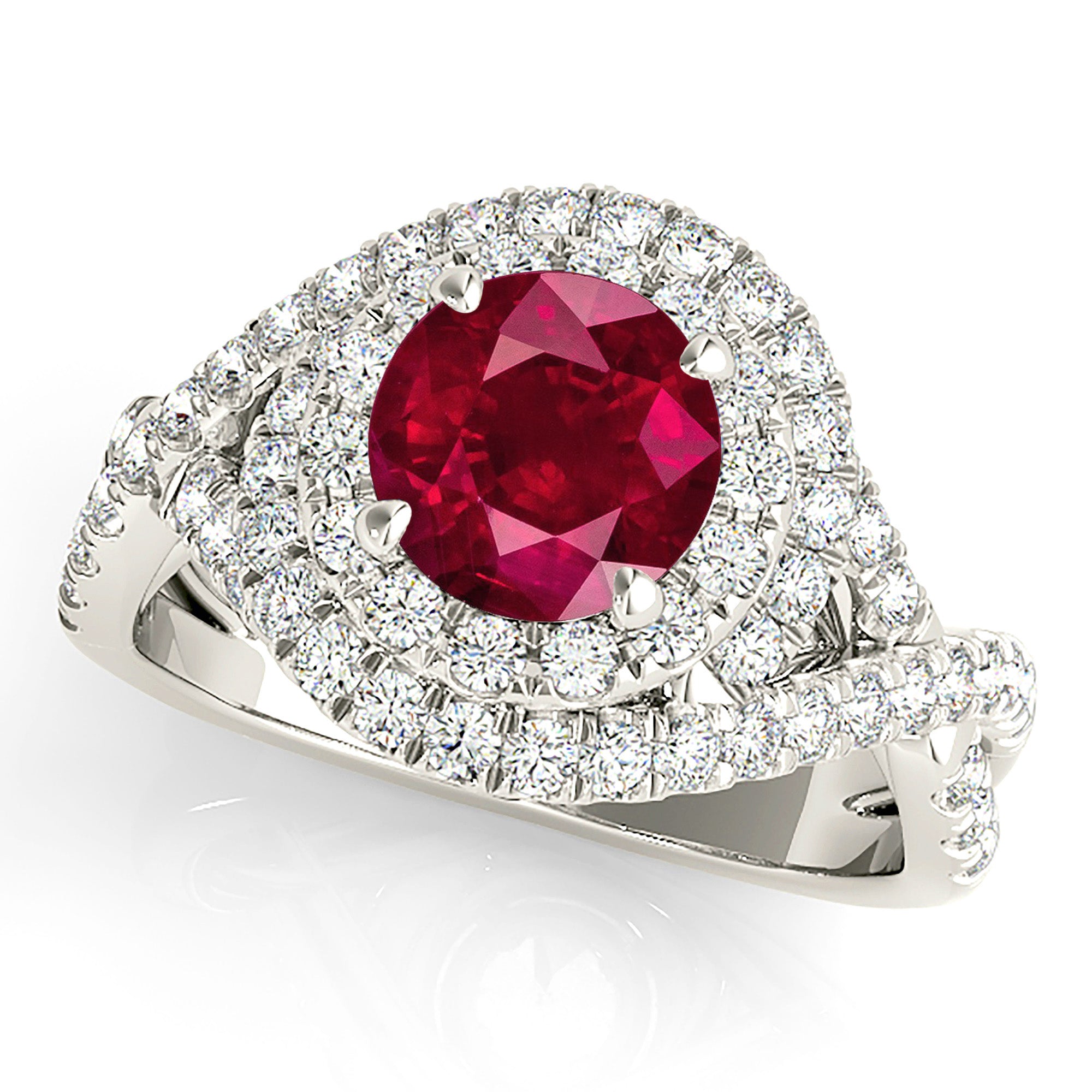 1.35 ct. Genuine Ruby Ring With 0.70 ctw. Diamond Wrap Around Halo And Twist Diamond Band-VIRABYANI