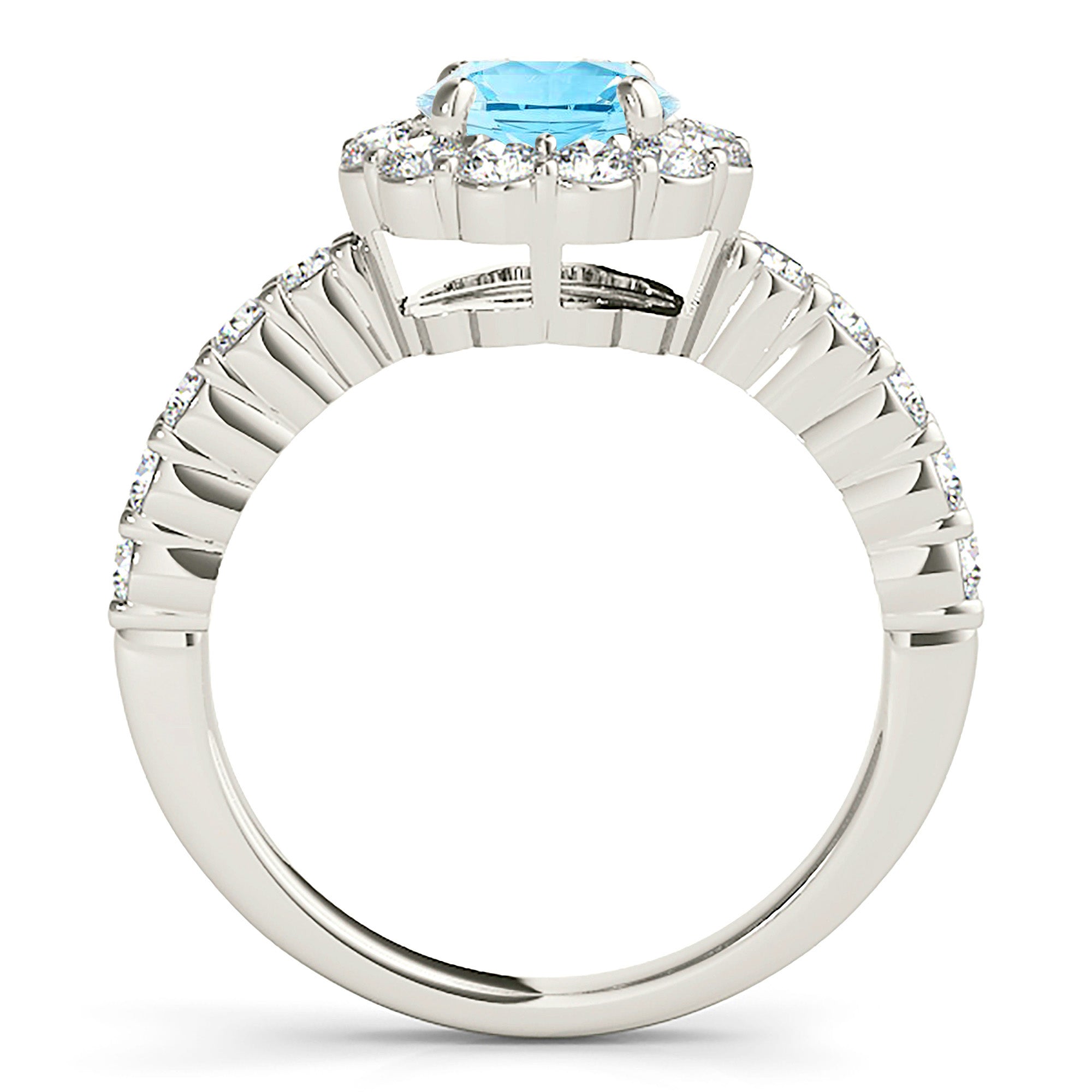 1.10 ct. Genuine Aquamarine Ring With 0.70 ctw. Diamond Floral Halo, Scalloped Diamond Band, Open Gallery | Round Blue Aquamarine Halo Ring-VIRABYANI