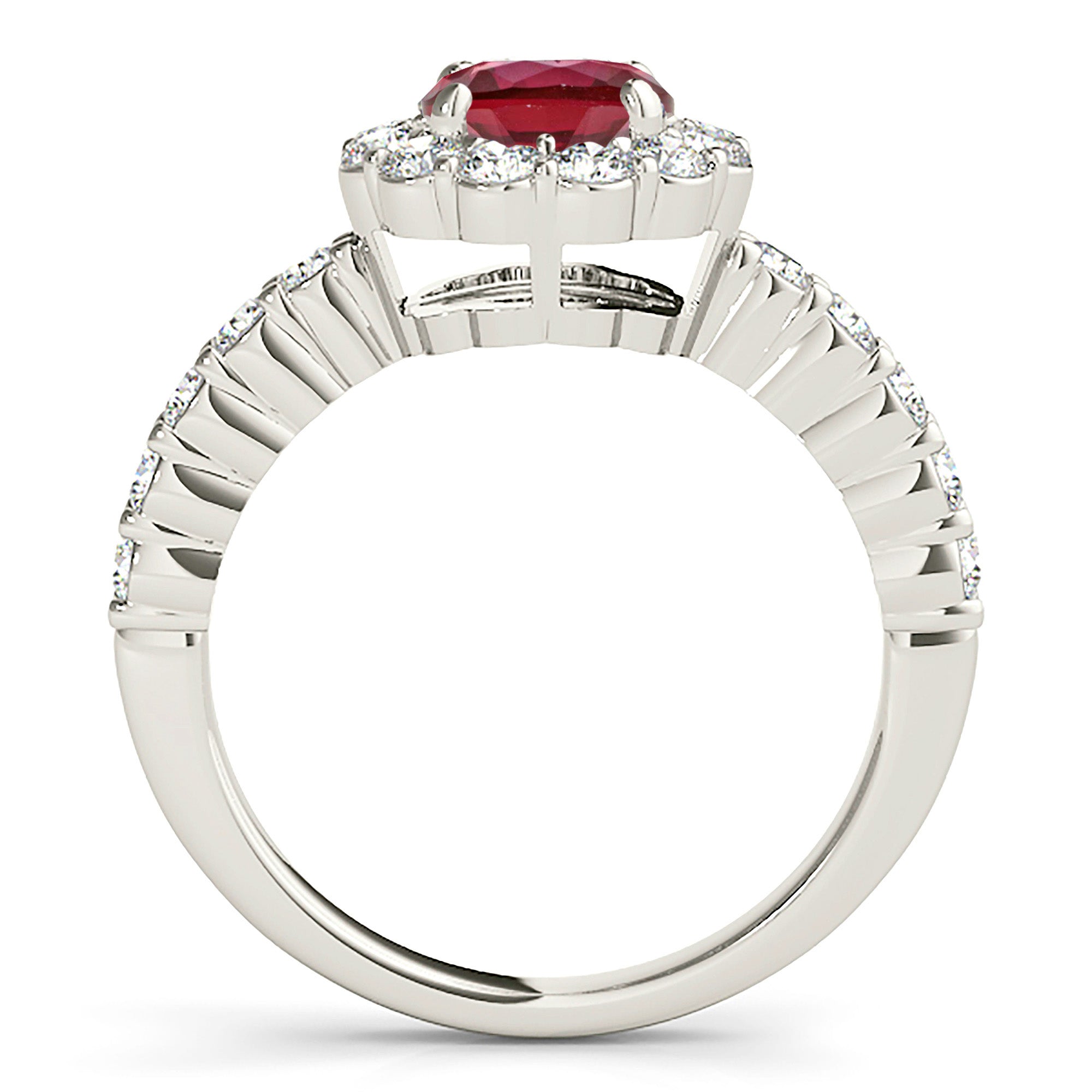 1.35 ct. Genuine Ruby Ring With 0.70 ctw. Diamond Floral Halo And Scalloped Diamond band-VIRABYANI