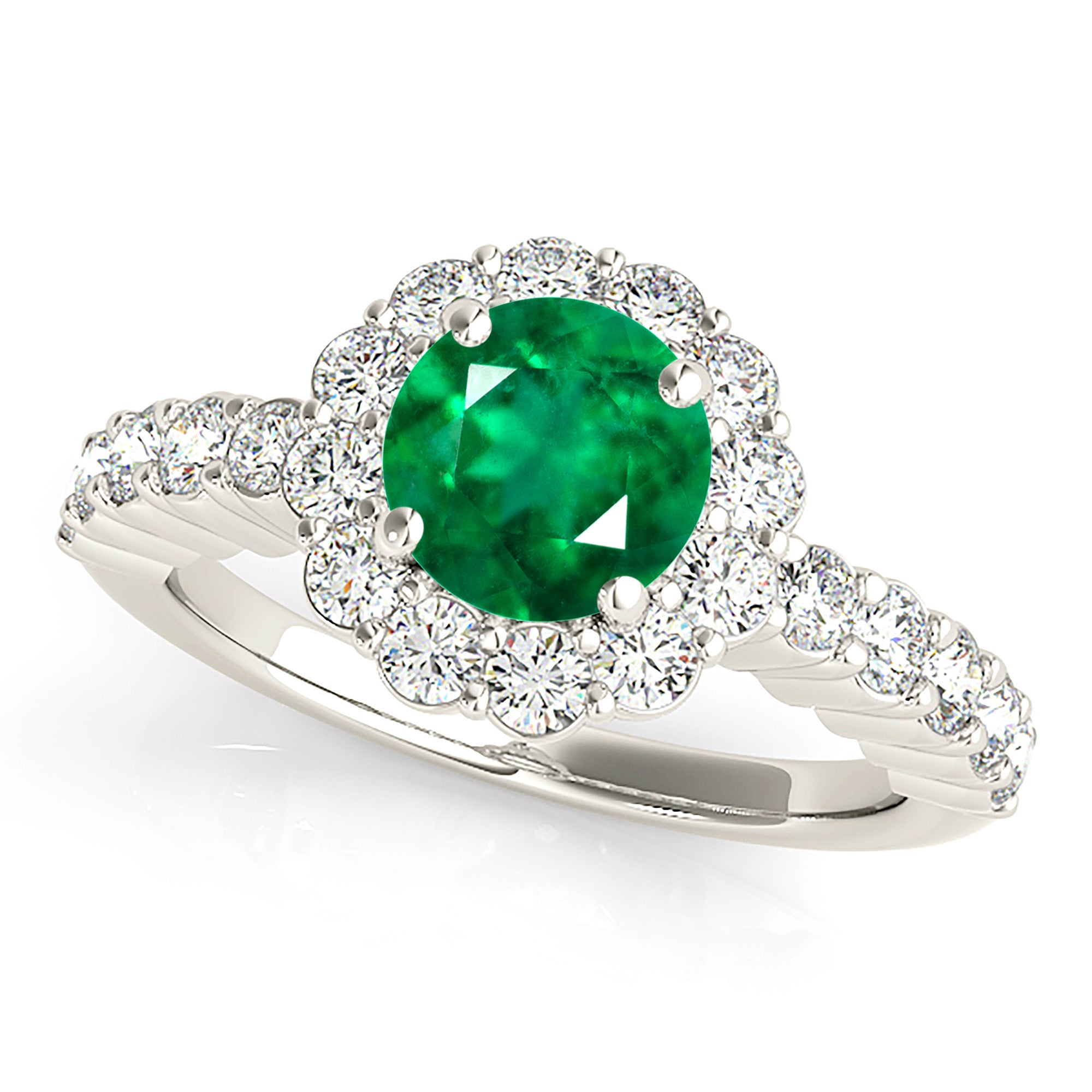 1.14 ct. Genuine Emerald Ring With 0.70 ctw. Diamond Halo And Scalloped Diamond Band-in 14K/18K White, Yellow, Rose Gold and Platinum - Christmas Jewelry Gift -VIRABYANI