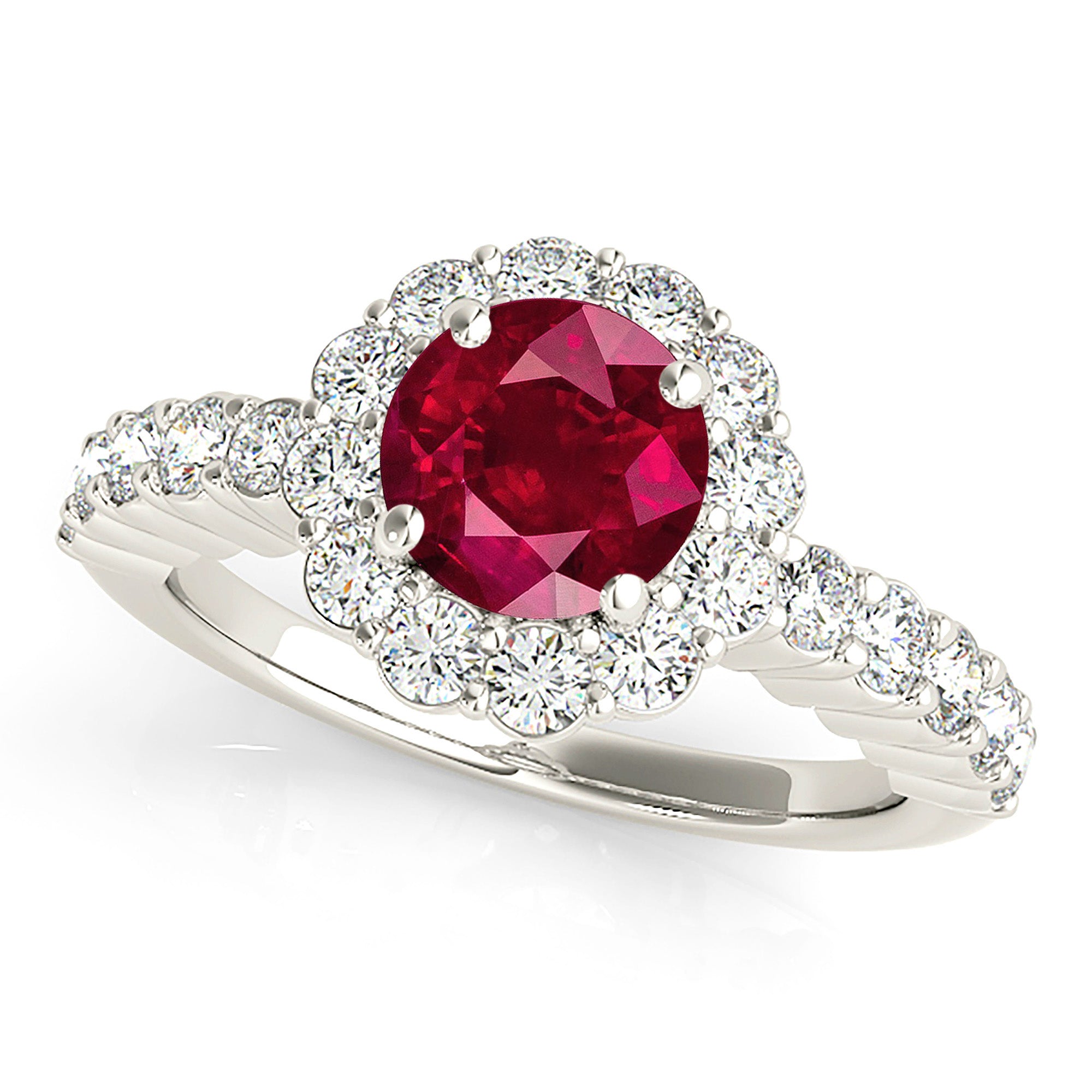 1.35 ct. Genuine Ruby Ring With 0.70 ctw. Diamond Floral Halo And Scalloped Diamond band-VIRABYANI