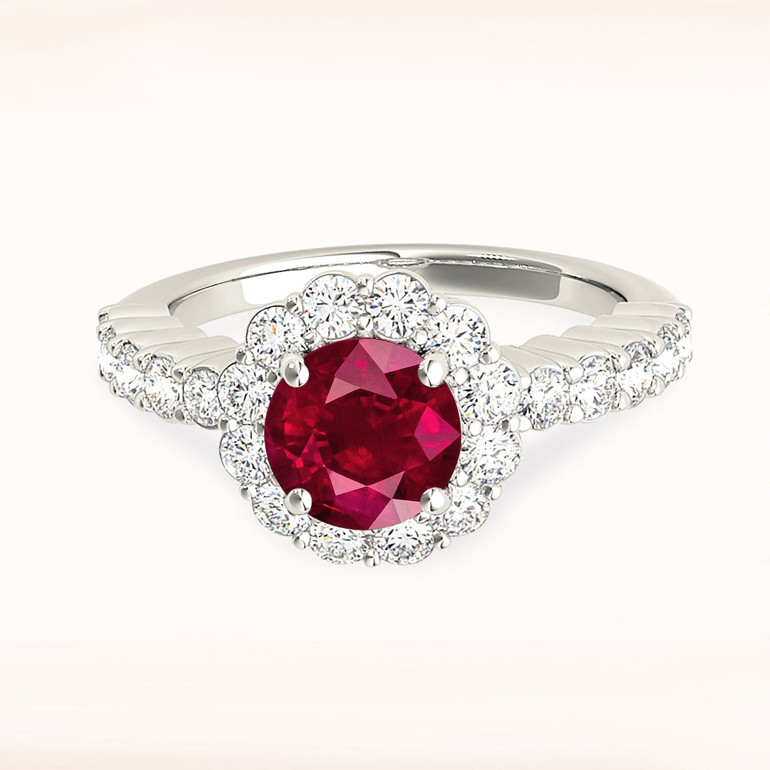 1.35 ct. Genuine Ruby Ring With 0.70 ctw. Diamond Floral Halo And Scalloped Diamond band-VIRABYANI