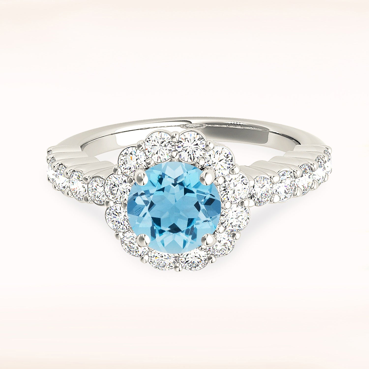1.10 ct. Genuine Aquamarine Ring With 0.70 ctw. Diamond Floral Halo, Scalloped Diamond Band, Open Gallery | Round Blue Aquamarine Halo Ring-VIRABYANI