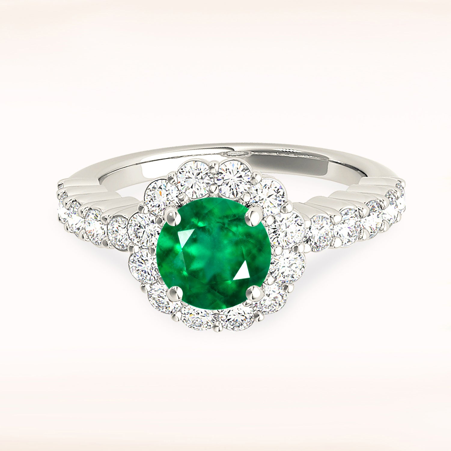 1.14 ct. Genuine Emerald Ring With 0.70 ctw. Diamond Halo And Scalloped Diamond Band-in 14K/18K White, Yellow, Rose Gold and Platinum - Christmas Jewelry Gift -VIRABYANI