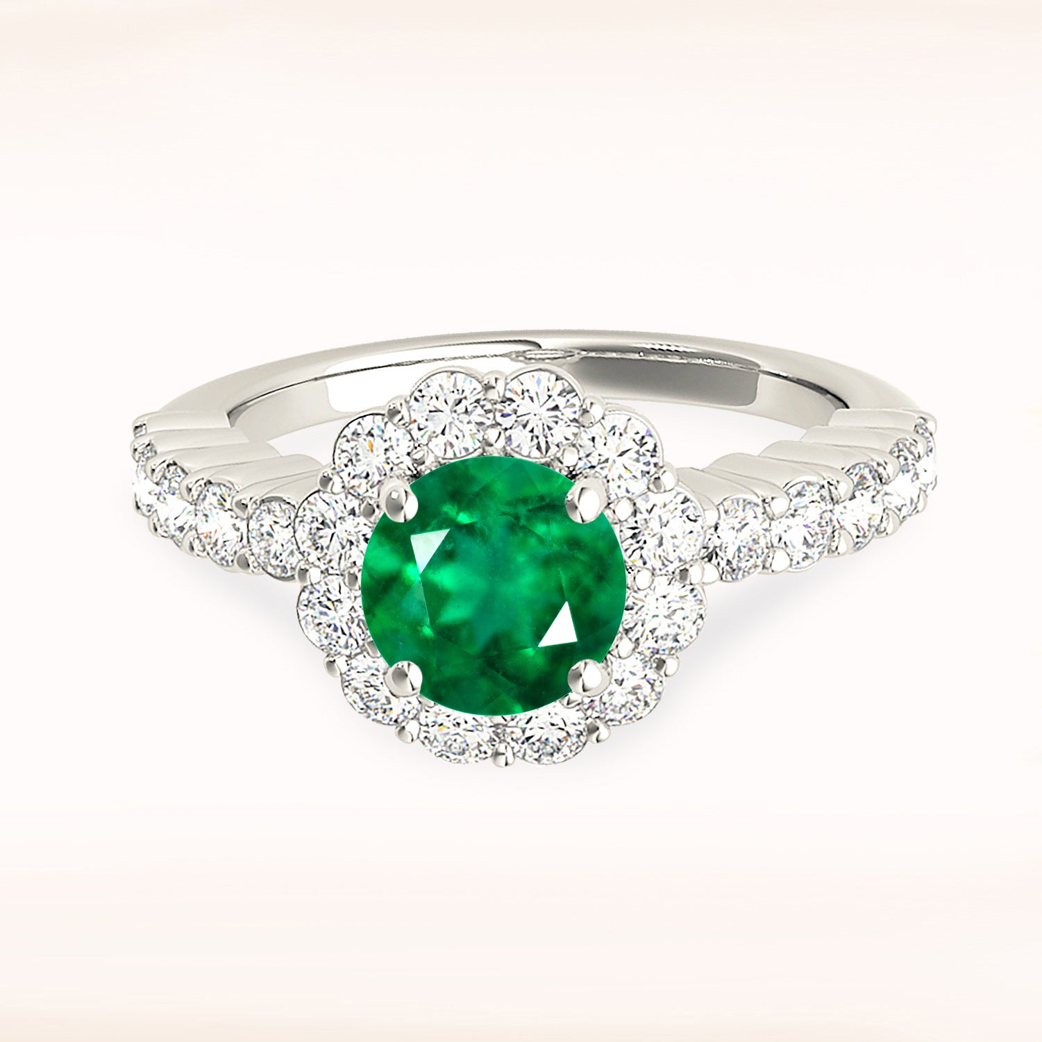 1.14 ct. Genuine Emerald Ring With 0.70 ctw. Diamond Halo And Scalloped Diamond Band-VIRABYANI