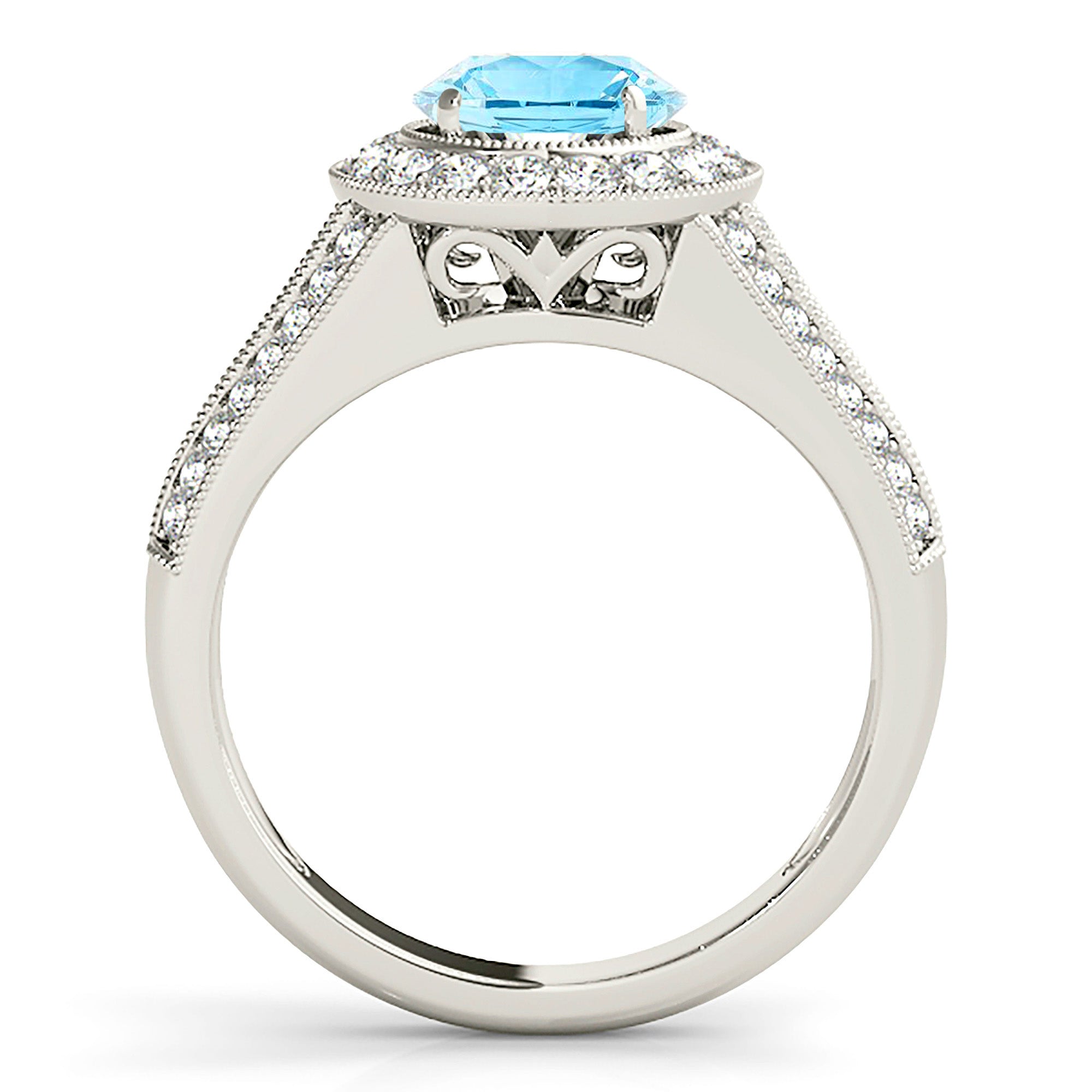 1.10 ct. Genuine Aquamarine Ring With 0.70 ctw. Diamond Milgrain Halo And Graduating Diamond Shank | Round Blue Aquamarine Halo Ring-in 14K/18K White, Yellow, Rose Gold and Platinum - Christmas Jewelry Gift -VIRABYANI