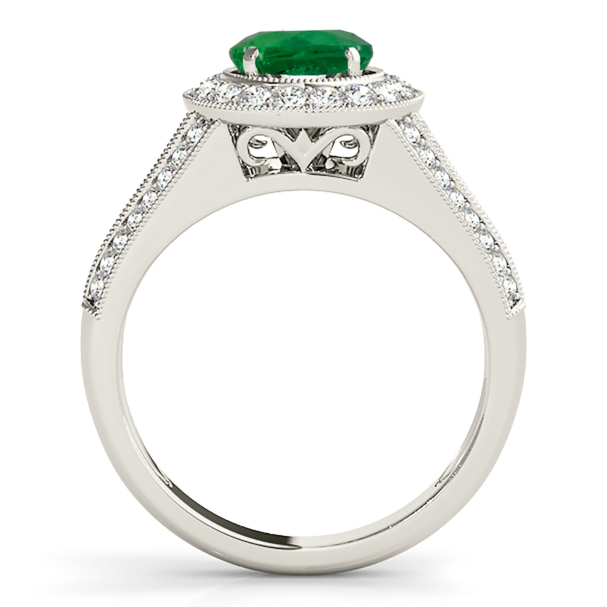 1.14 ct. Genuine Emerald Ring With 0.70 ctw. Diamond Milgrain Halo and Wide Graduating Diamond Band-VIRABYANI