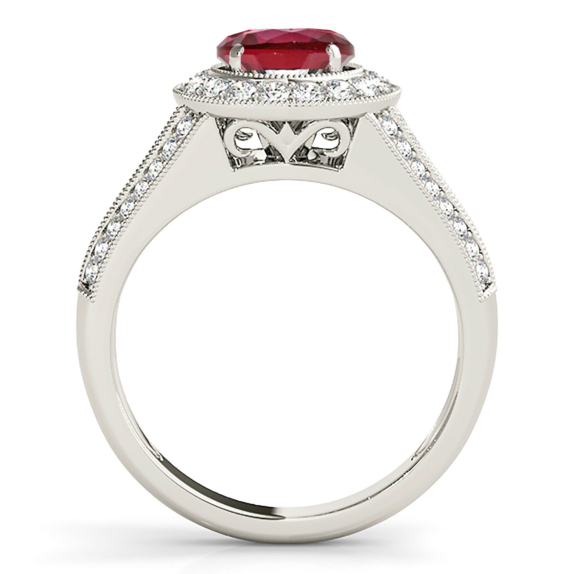 1.35 ct. Genuine Ruby Ring With 0.70 ctw. Diamond Milgrain Halo With Graduating Diamond Band-VIRABYANI