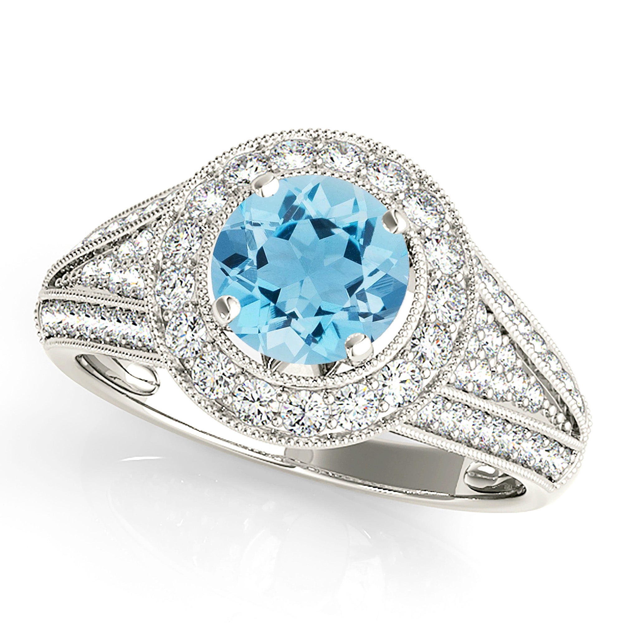 1.10 ct. Genuine Aquamarine Ring With 0.70 ctw. Diamond Milgrain Halo And Graduating Diamond Shank | Round Blue Aquamarine Halo Ring-VIRABYANI