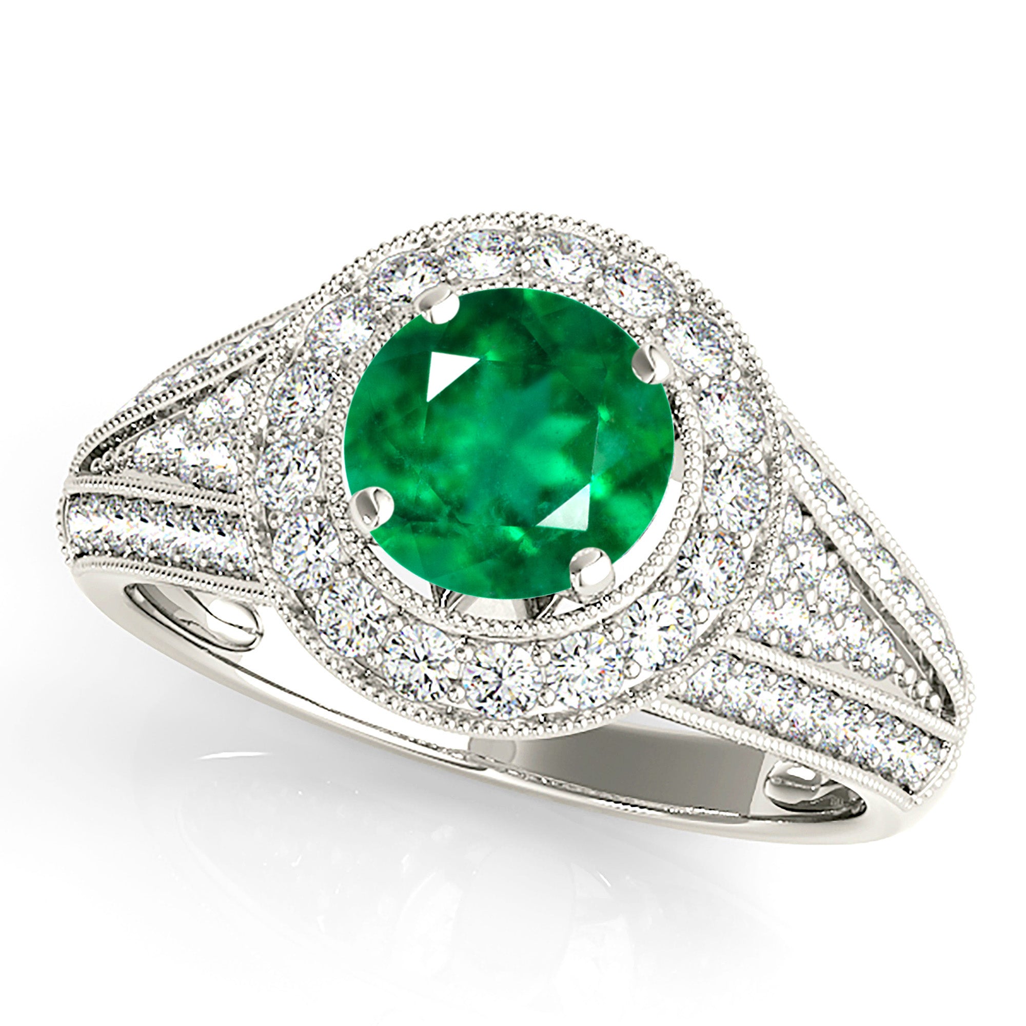 1.14 ct. Genuine Emerald Ring With 0.70 ctw. Diamond Milgrain Halo and Wide Graduating Diamond Band-VIRABYANI