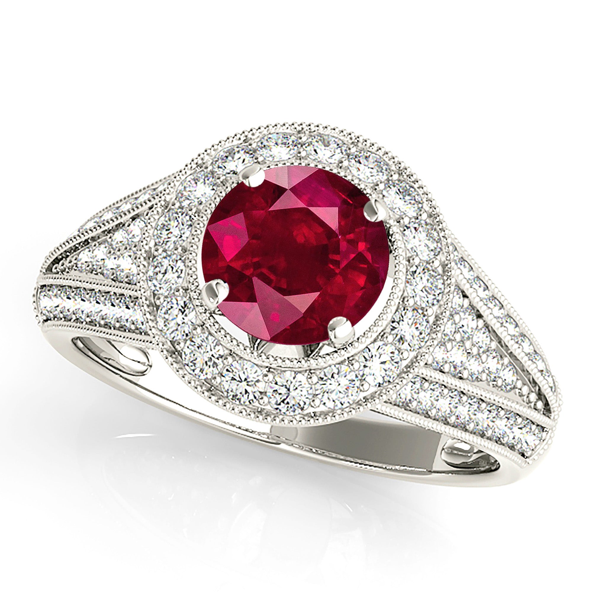 1.35 ct. Genuine Ruby Ring With 0.70 ctw. Diamond Milgrain Halo With Graduating Diamond Band-VIRABYANI