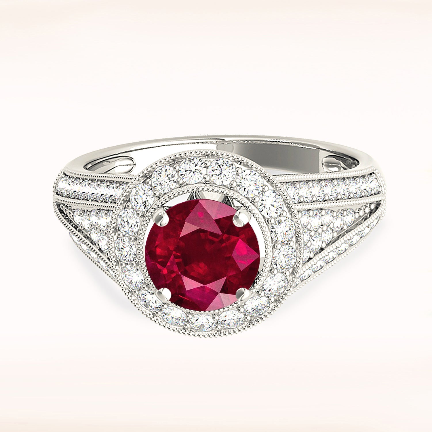 1.35 ct. Genuine Ruby Ring With 0.70 ctw. Diamond Milgrain Halo With Graduating Diamond Band-VIRABYANI