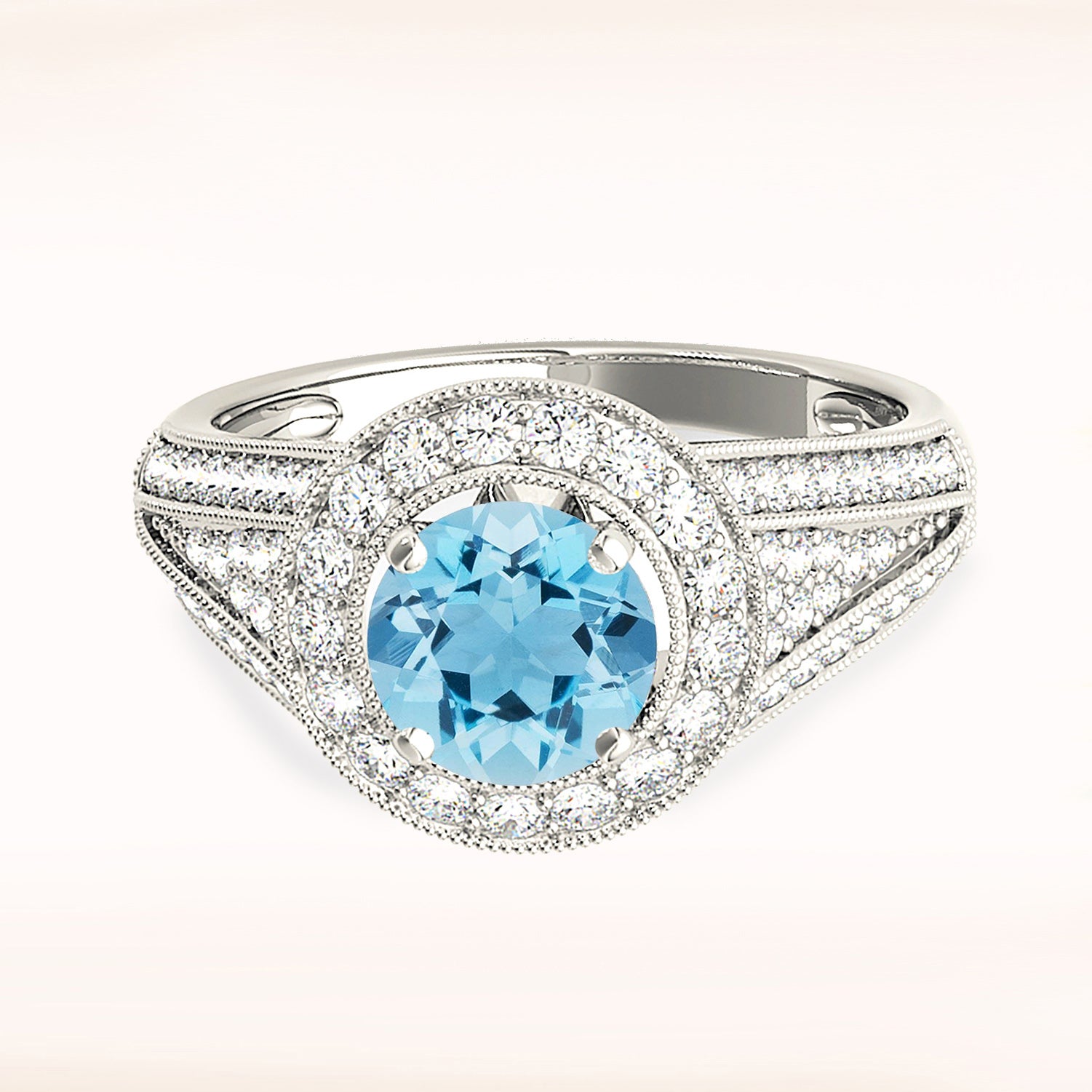 1.10 ct. Genuine Aquamarine Ring With 0.70 ctw. Diamond Milgrain Halo And Graduating Diamond Shank | Round Blue Aquamarine Halo Ring-VIRABYANI