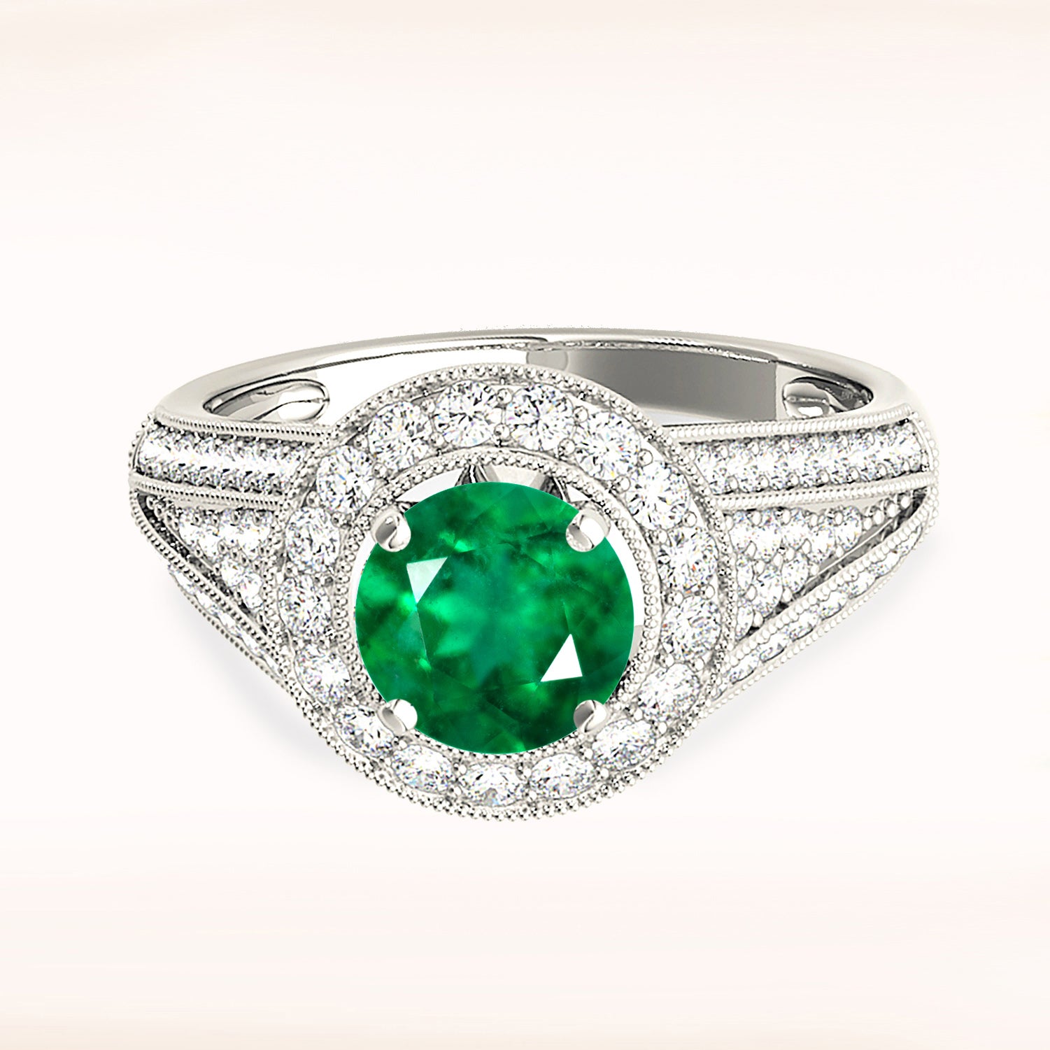 1.14 ct. Genuine Emerald Ring With 0.70 ctw. Diamond Milgrain Halo and Wide Graduating Diamond Band-VIRABYANI