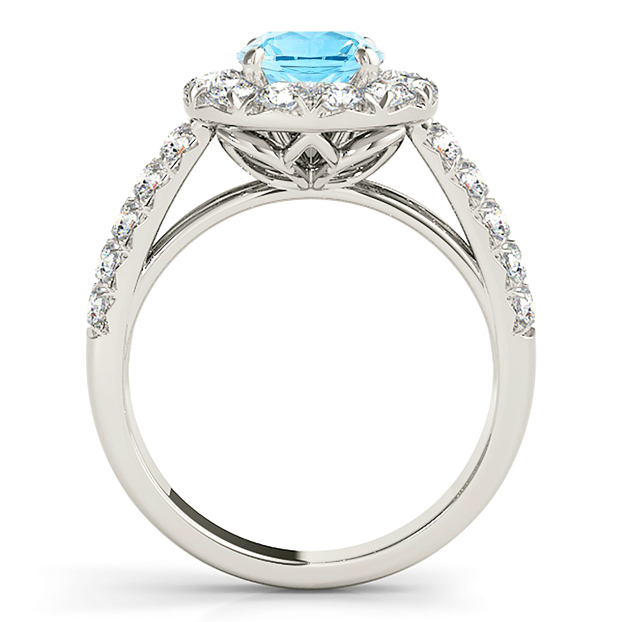 1.75 ct. Genuine Aquamarine Ring With 0.90 ctw. Diamond Halo And Double Row Diamond Band | Round Blue Aquamarine Halo Ring-VIRABYANI
