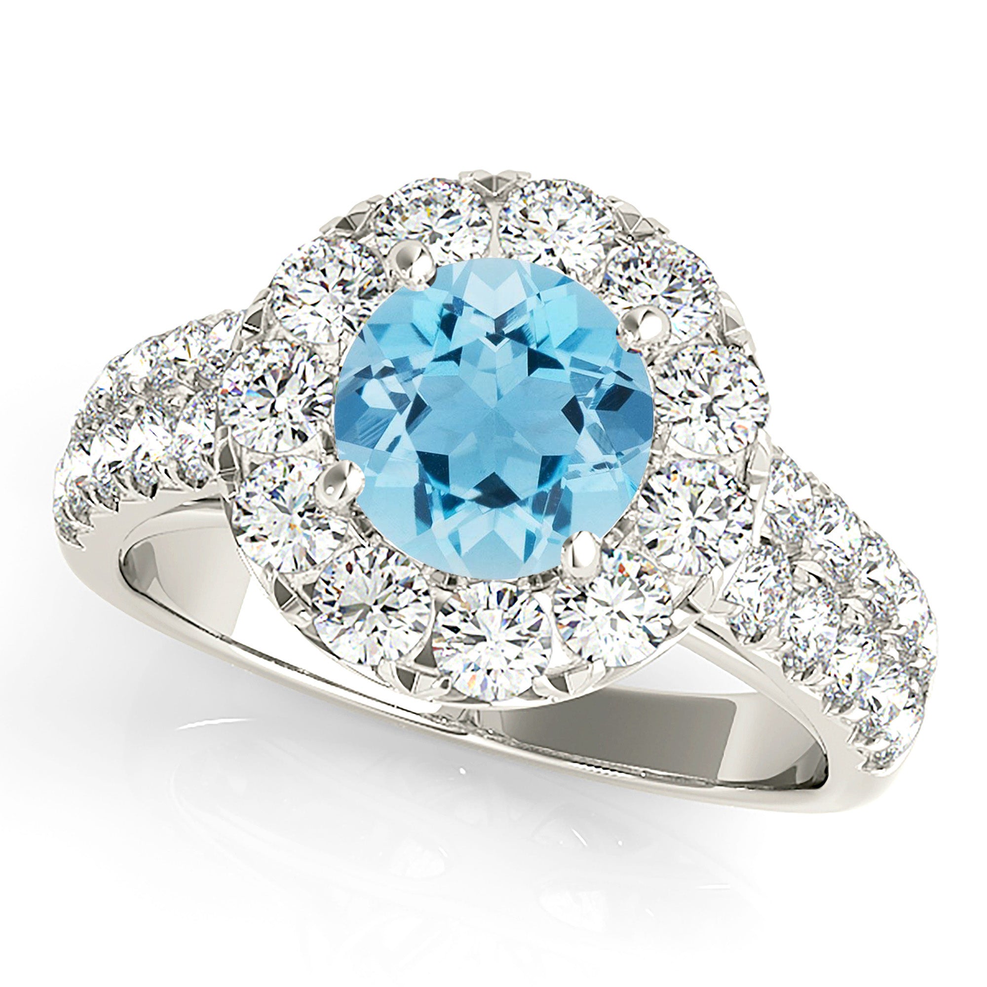 1.75 ct. Genuine Aquamarine Ring With 0.90 ctw. Diamond Halo And Double Row Diamond Band | Round Blue Aquamarine Halo Ring-VIRABYANI