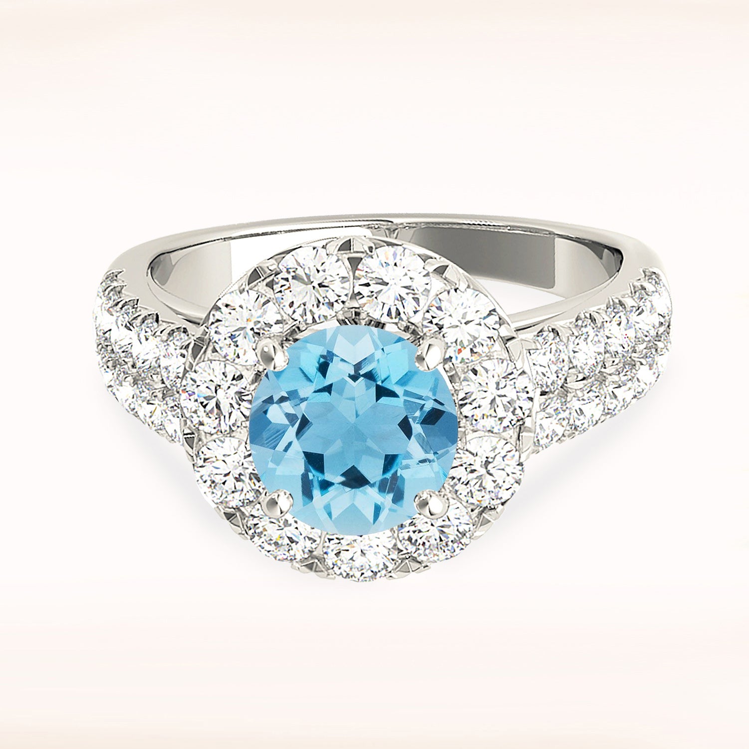 1.75 ct. Genuine Aquamarine Ring With 0.90 ctw. Diamond Halo And Double Row Diamond Band | Round Blue Aquamarine Halo Ring-VIRABYANI