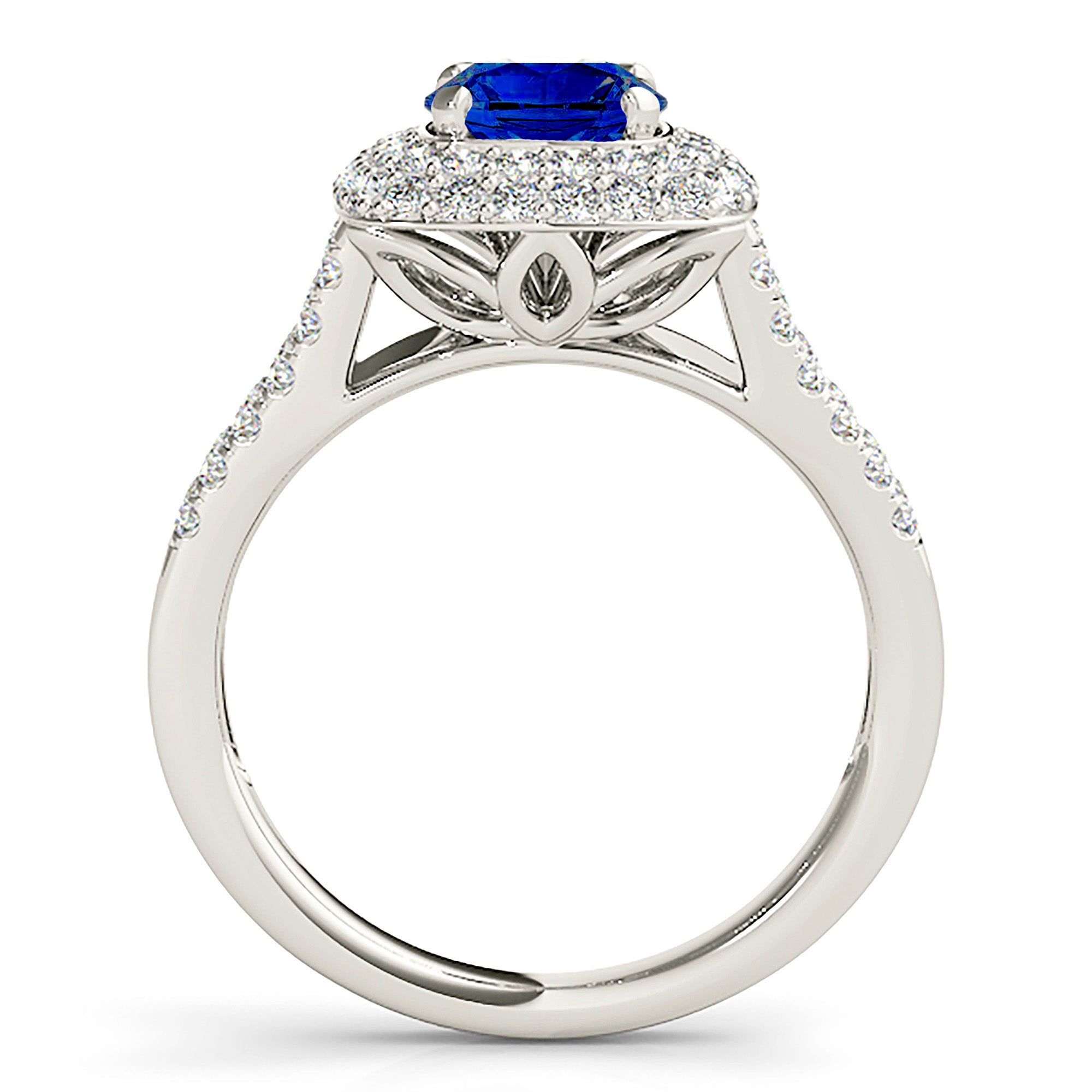 1.35 ct. Genuine Blue Round Sapphire Ring With 0.70 ctw. Double Row Diamond Cushion Halo, Split V Diamond Shank | Sapphire And Diamond Ring-VIRABYANI
