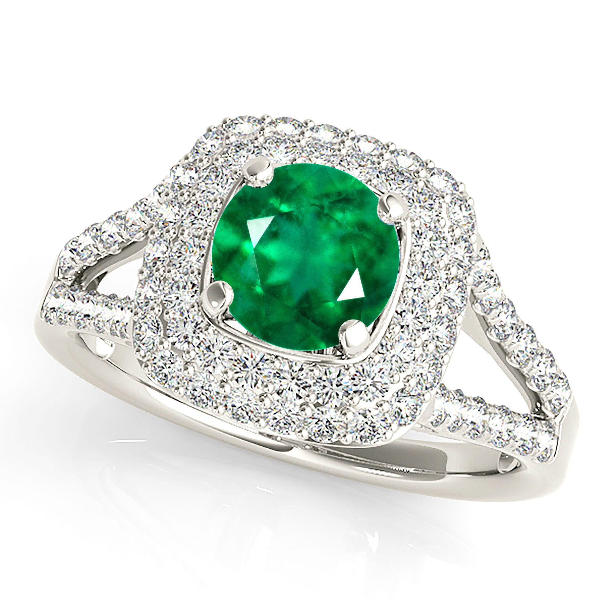 1.14 ct. Genuine Emerald Ring With 0.70 ctw. Double Row Diamond Halo,Wide Split Diamond Band-VIRABYANI