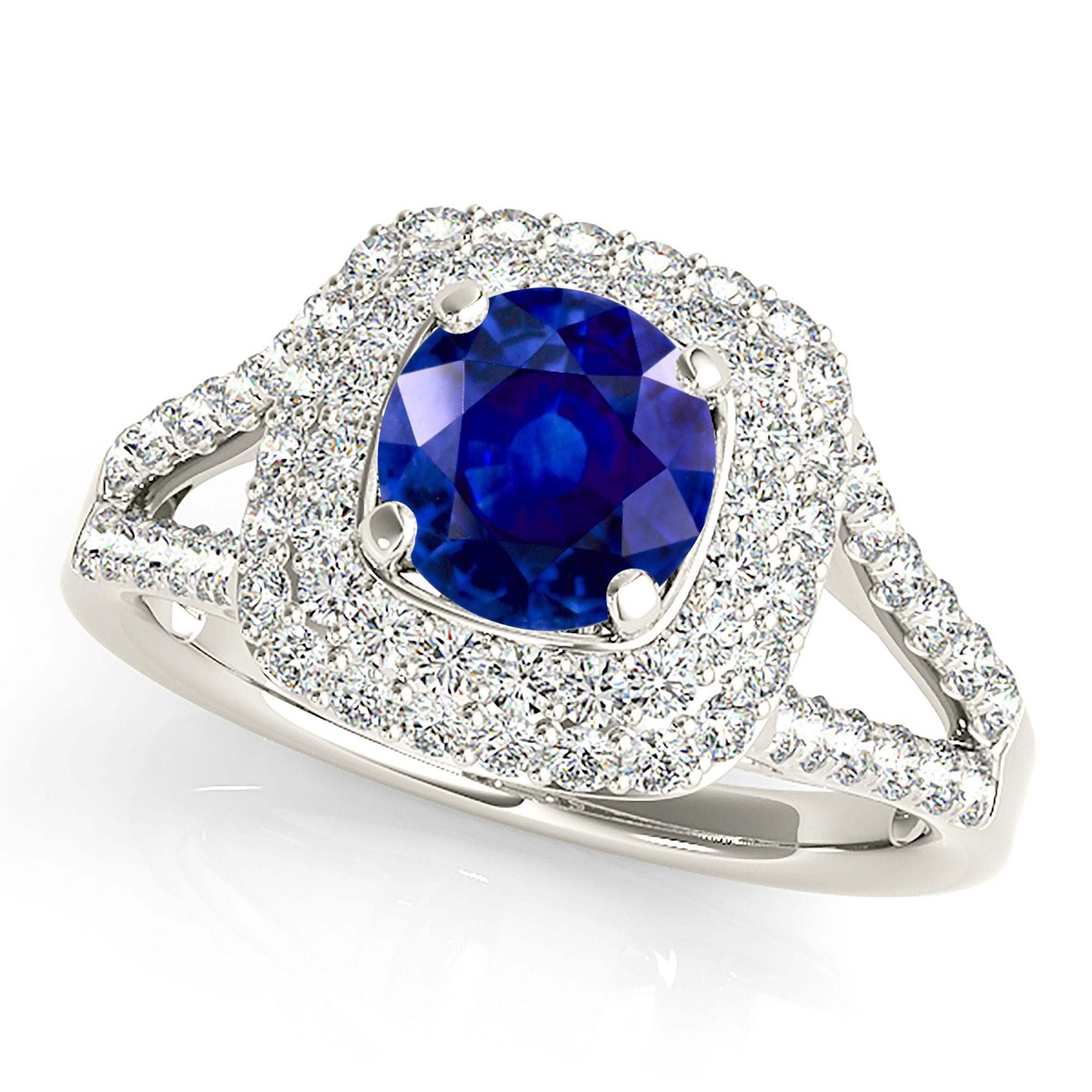 1.35 ct. Genuine Blue Round Sapphire Ring With 0.70 ctw. Double Row Diamond Cushion Halo, Split V Diamond Shank | Sapphire And Diamond Ring-VIRABYANI