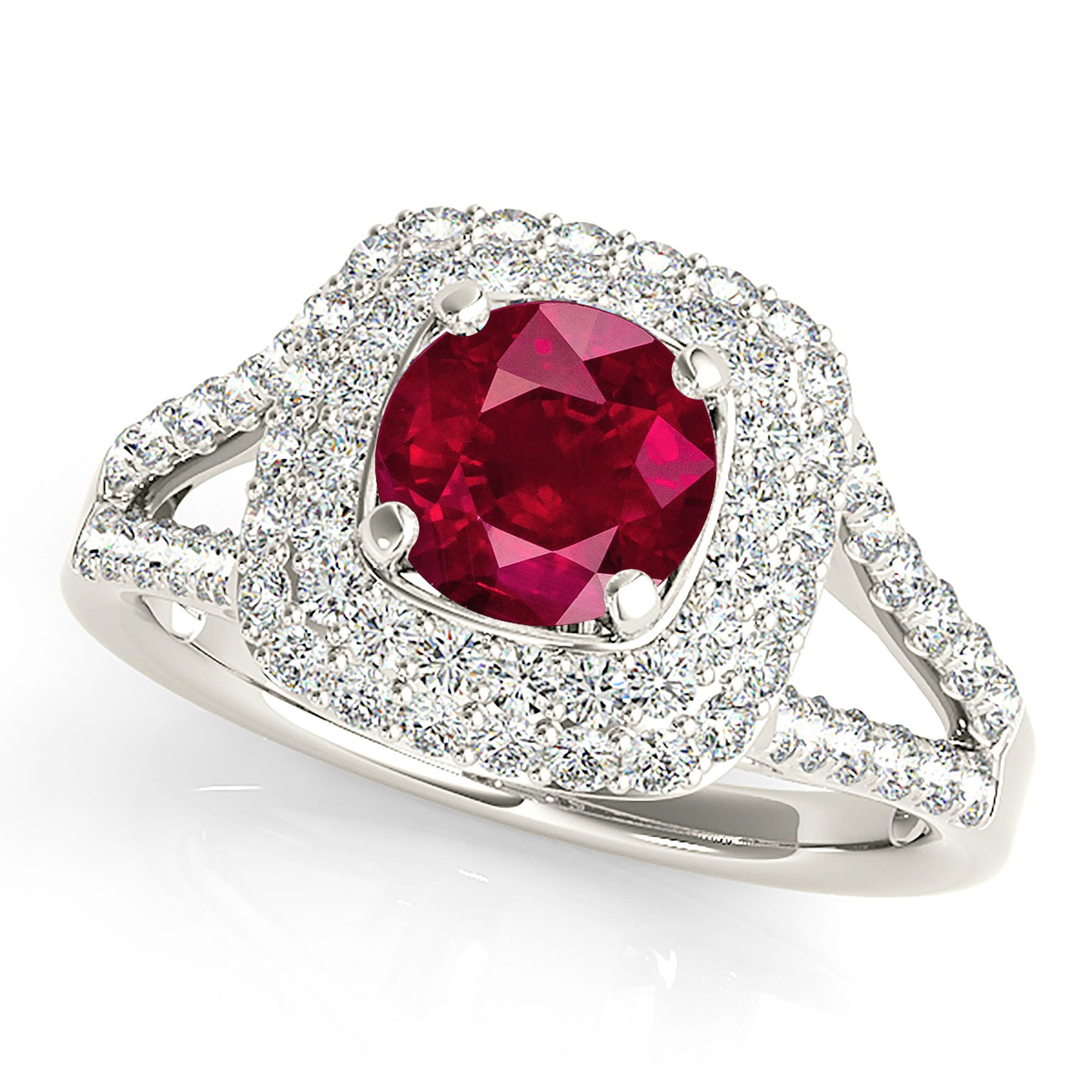 1.35 ct. Genuine Ruby Ring with 0.70 ctw. Diamond Double Row Halo And Split V Diamond Shank-VIRABYANI