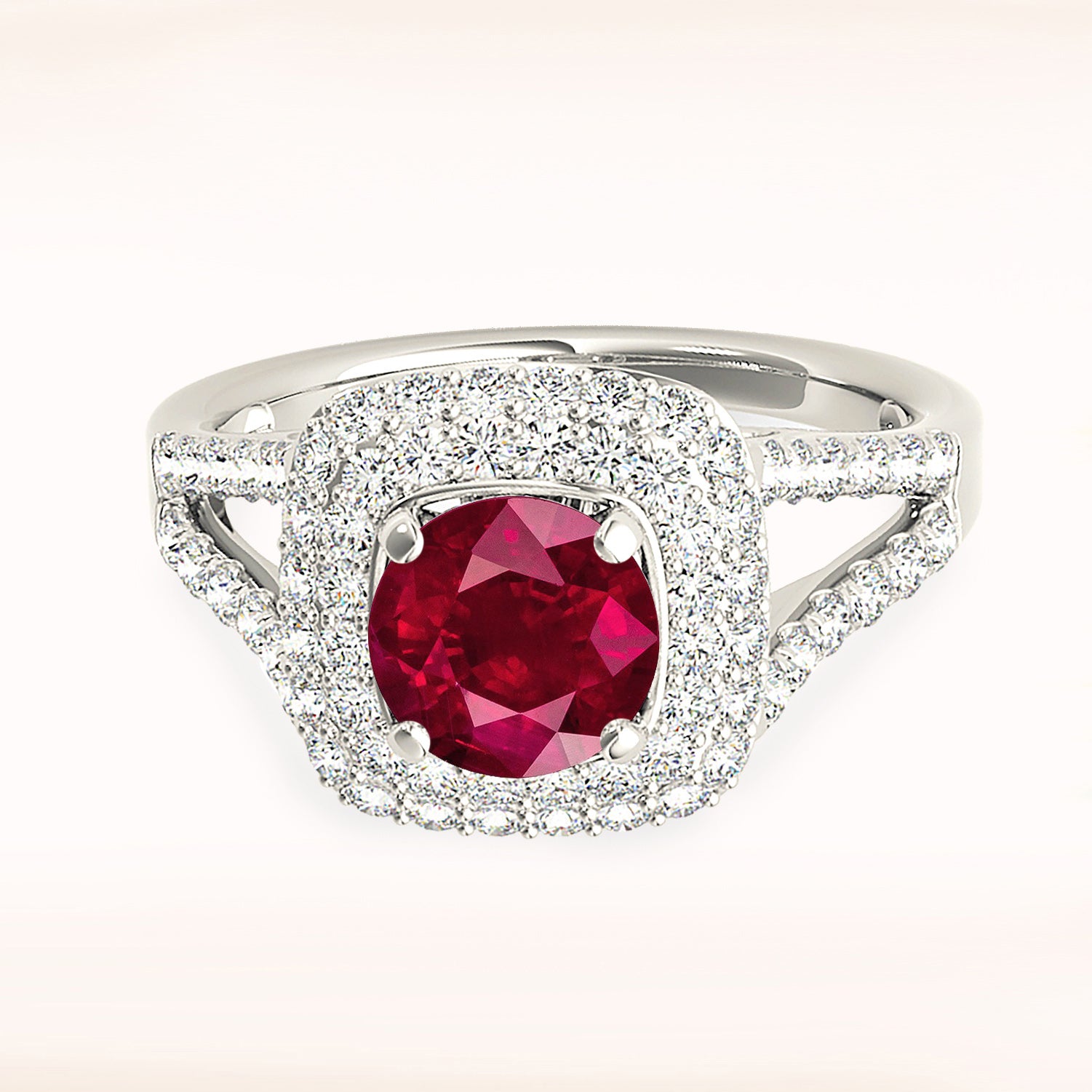 1.35 ct. Genuine Ruby Ring with 0.70 ctw. Diamond Double Row Halo And Split V Diamond Shank-in 14K/18K White, Yellow, Rose Gold and Platinum - Christmas Jewelry Gift -VIRABYANI