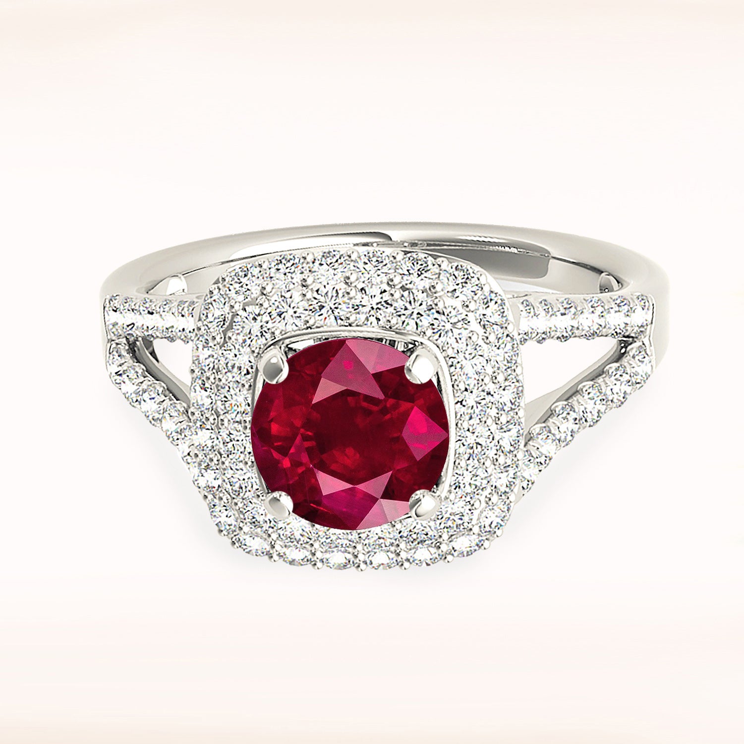 1.35 ct. Genuine Ruby Ring with 0.70 ctw. Diamond Double Row Halo And Split V Diamond Shank-VIRABYANI
