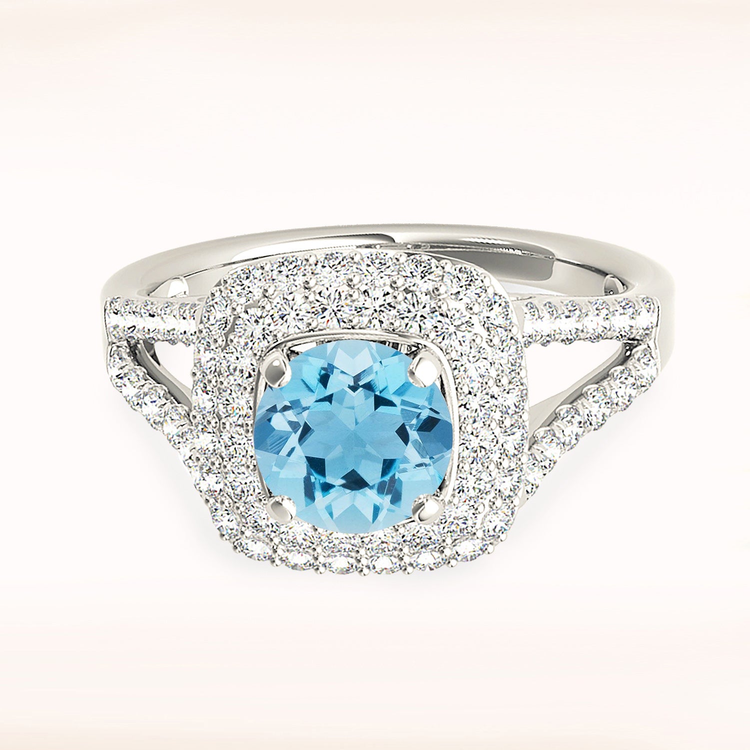 1.10 ct. Genuine Aquamarine Ring With 0.70 ctw. Diamond Cushion Halo And Split Diamond Band | Round Blue Aquamarine Halo Ring-VIRABYANI