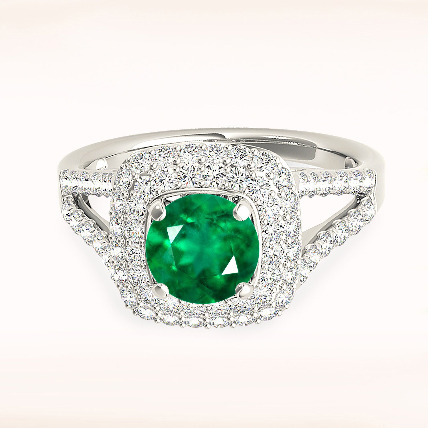 1.14 ct. Genuine Emerald Ring With 0.70 ctw. Double Row Diamond Halo,Wide Split Diamond Band-in 14K/18K White, Yellow, Rose Gold and Platinum - Christmas Jewelry Gift -VIRABYANI