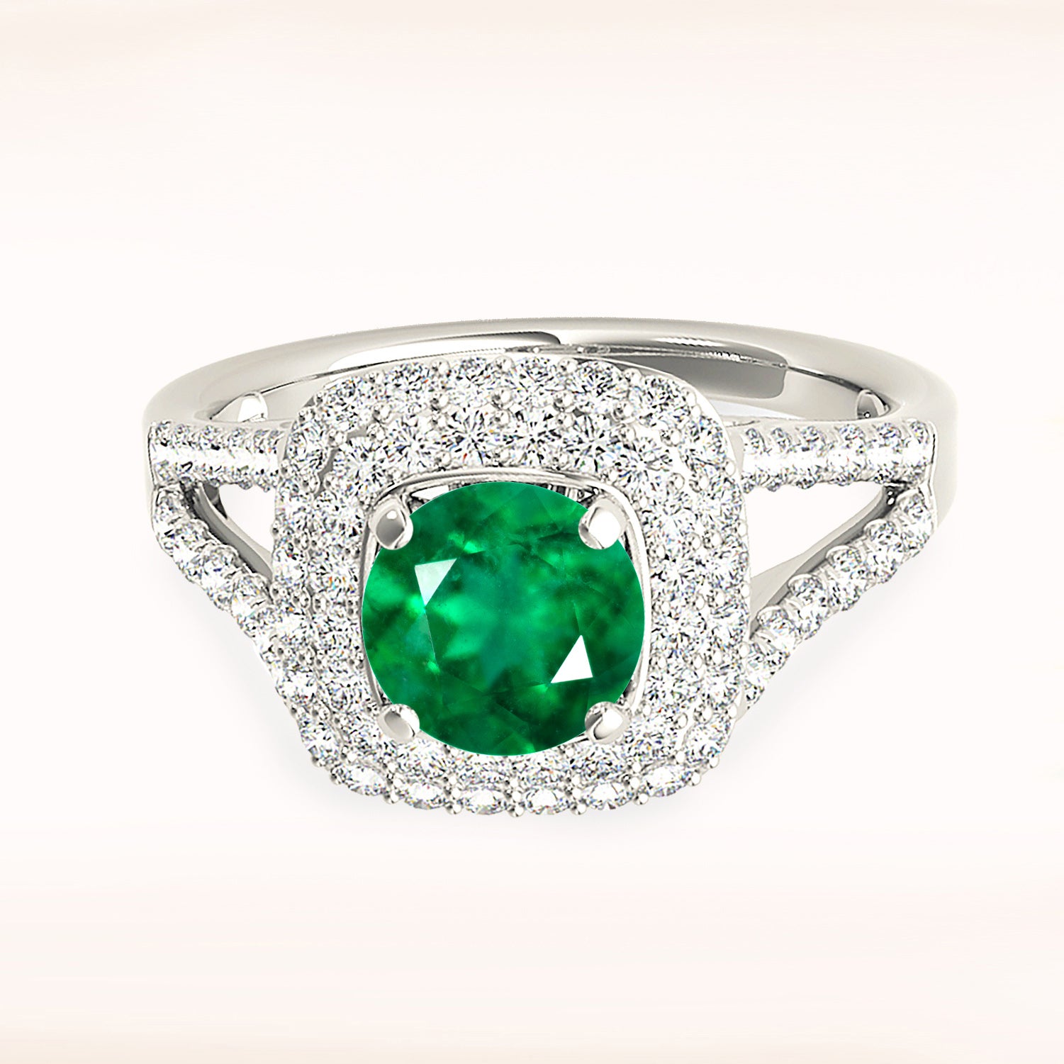 1.14 ct. Genuine Emerald Ring With 0.70 ctw. Double Row Diamond Halo,Wide Split Diamond Band-VIRABYANI