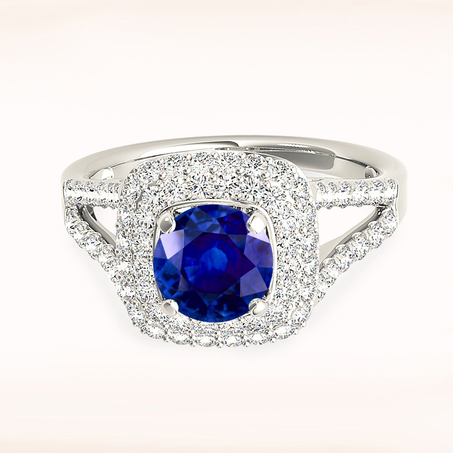 1.35 ct. Genuine Blue Round Sapphire Ring With 0.70 ctw. Double Row Diamond Cushion Halo, Split V Diamond Shank | Sapphire And Diamond Ring-VIRABYANI