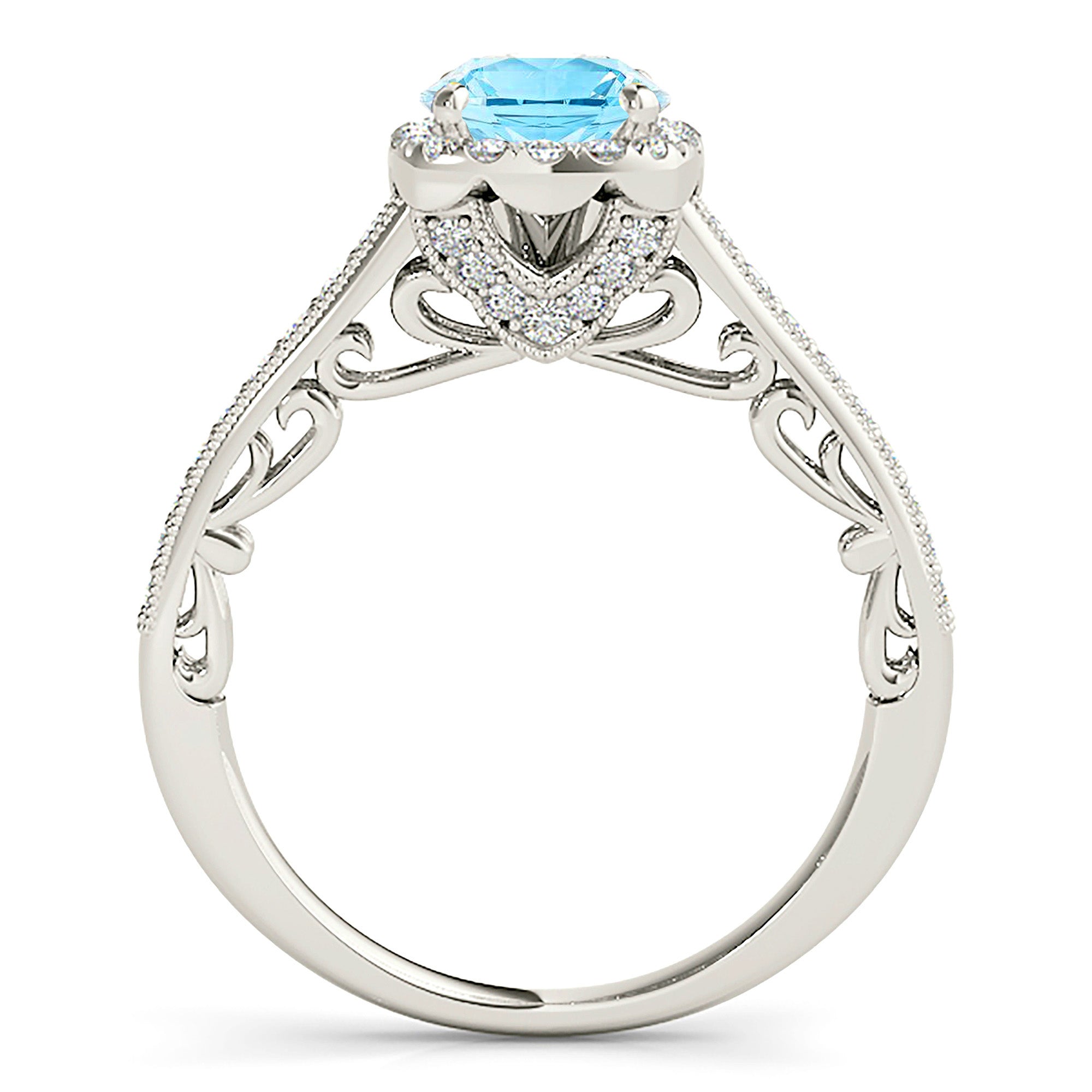 1.75 ct. Genuine Round Aquamarine Ring With 0.35 ctw. Diamond Cushion Halo, Hand Carved Fancy Diamond band| Round Blue Aquamarine Halo Ring-VIRABYANI
