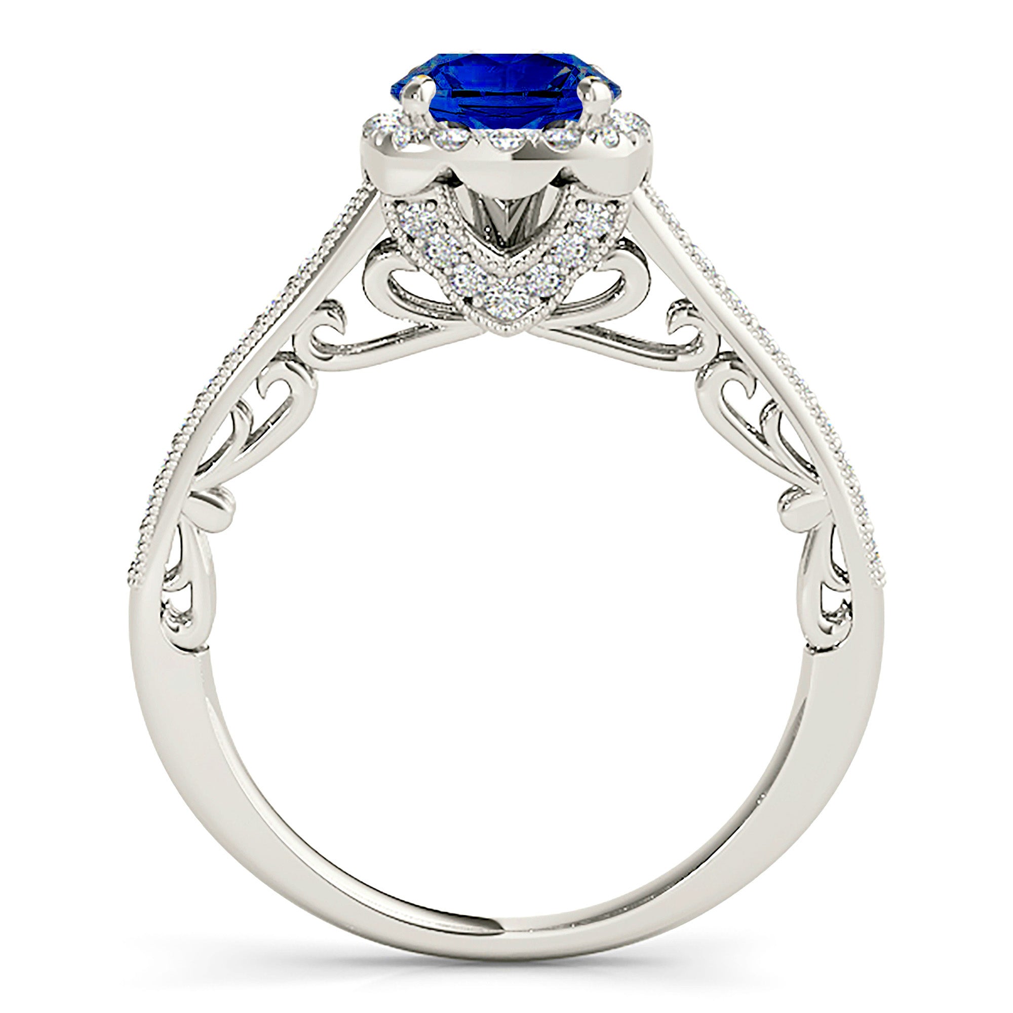 1.80 ct. Genuine Blue Round Sapphire Ring with 0.35 ctw. Diamond Cushion Halo, Filigree Side Accent Diamond Band | Round Sapphire Halo Ring-VIRABYANI
