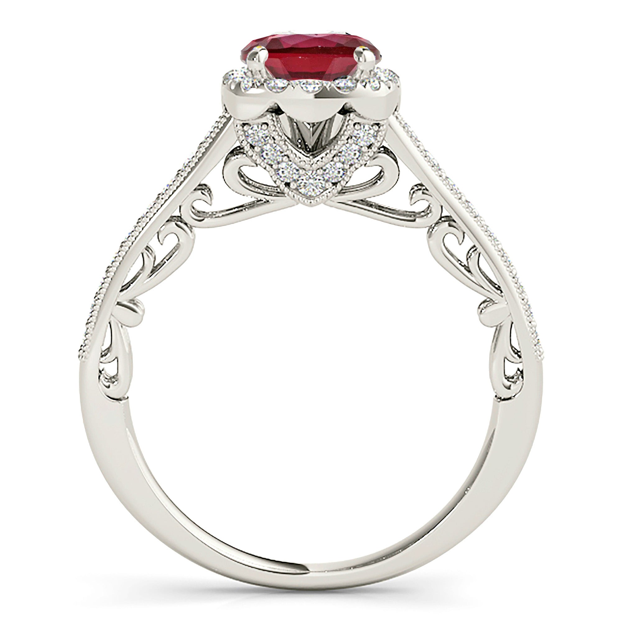 1.79 ct. Genuine Ruby Ring With 0.35 ctw. Diamond Cushion Halo And Milgrain Diamond Band, Filigree Design-VIRABYANI