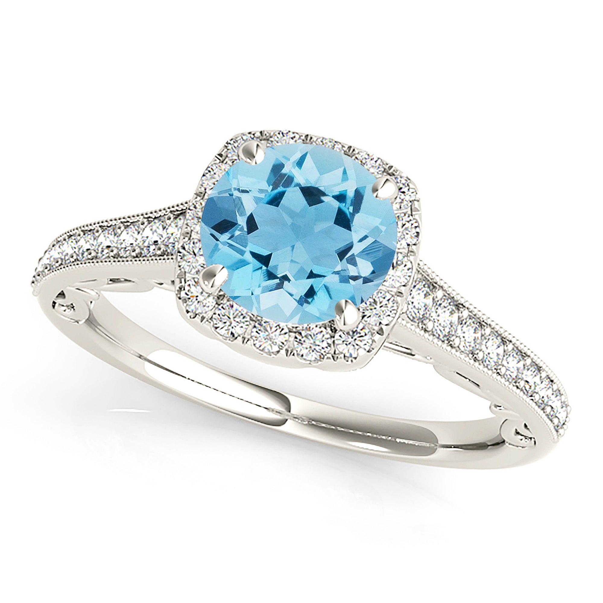 1.75 ct. Genuine Round Aquamarine Ring With 0.35 ctw. Diamond Cushion Halo, Hand Carved Fancy Diamond band| Round Blue Aquamarine Halo Ring-VIRABYANI