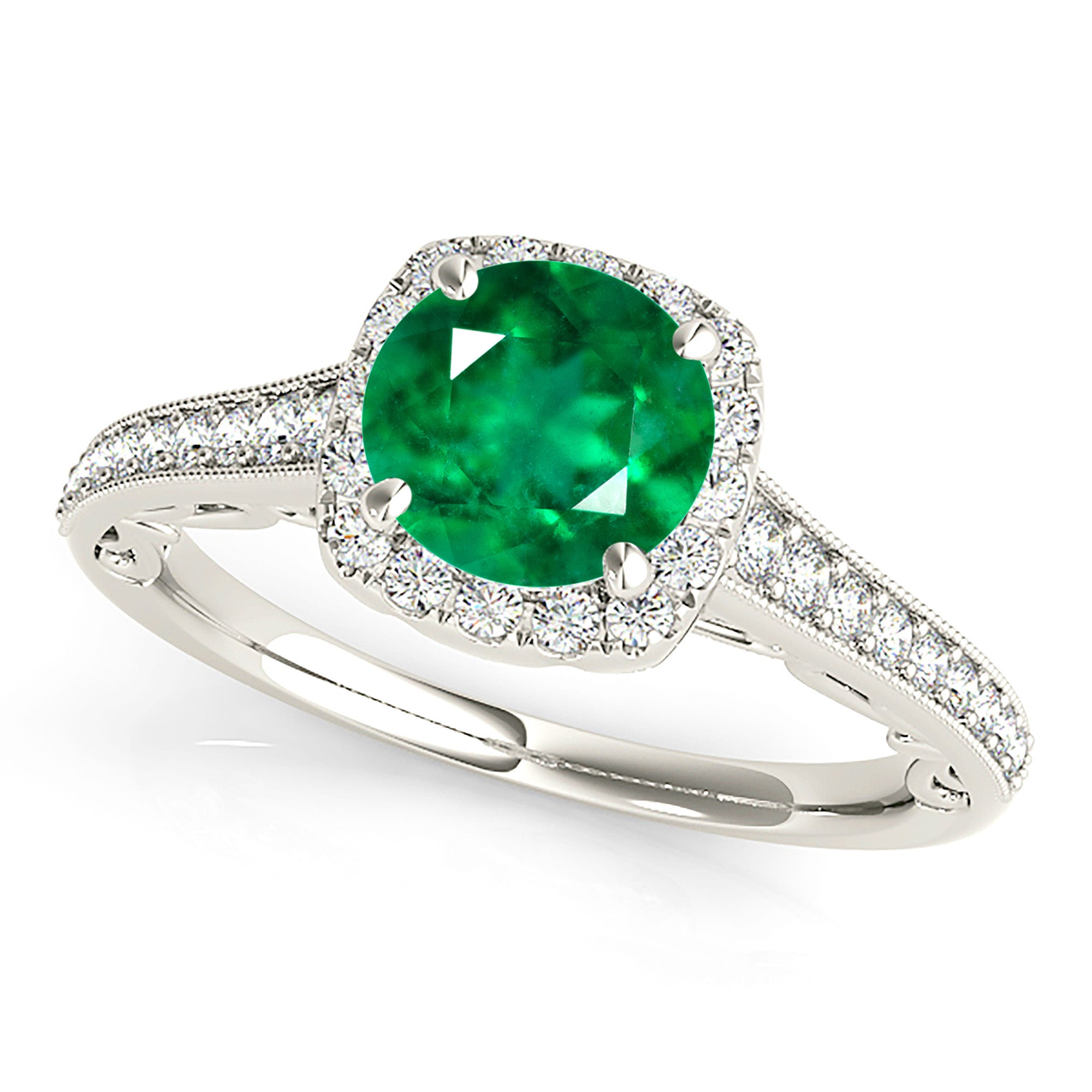 1.75 ct. Genuine Emerald Halo Ring With 0.35 ctw. Accent Diamonds,Milgrain Design-VIRABYANI