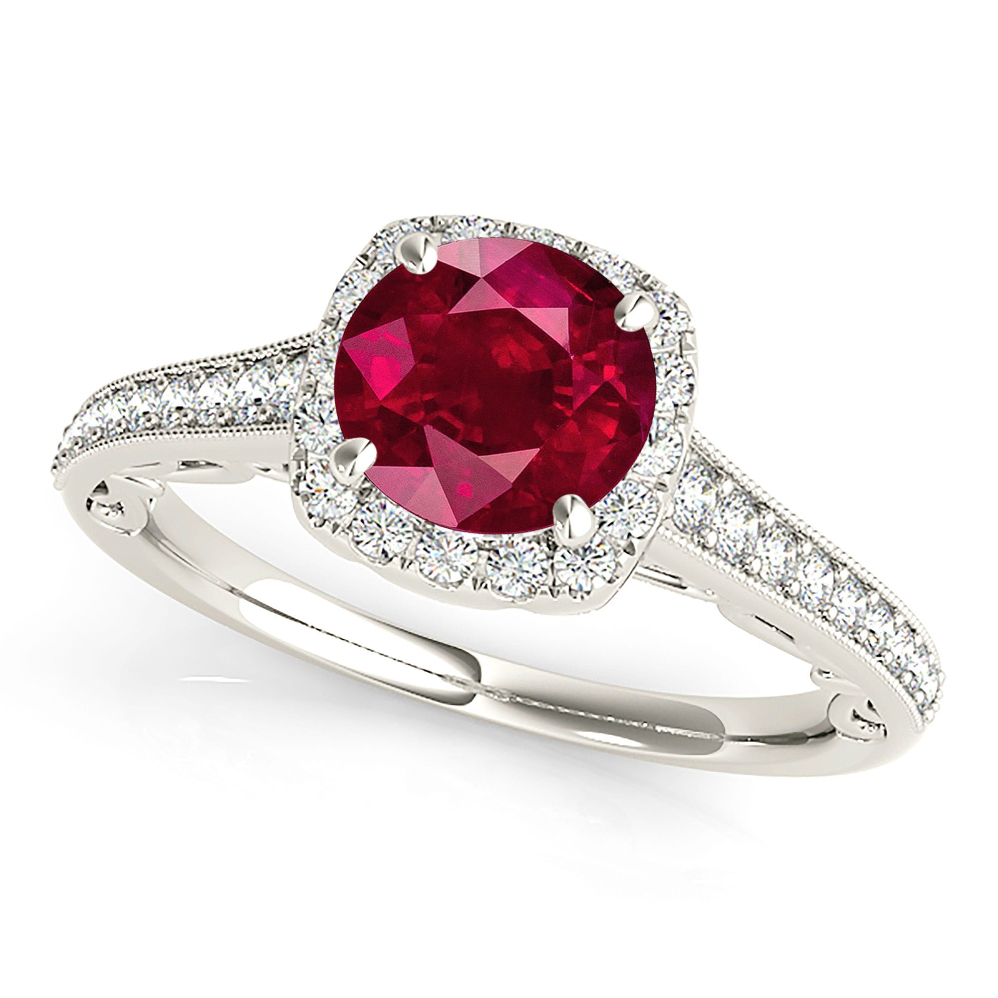 1.79 ct. Genuine Ruby Ring With 0.35 ctw. Diamond Cushion Halo And Milgrain Diamond Band, Filigree Design-VIRABYANI