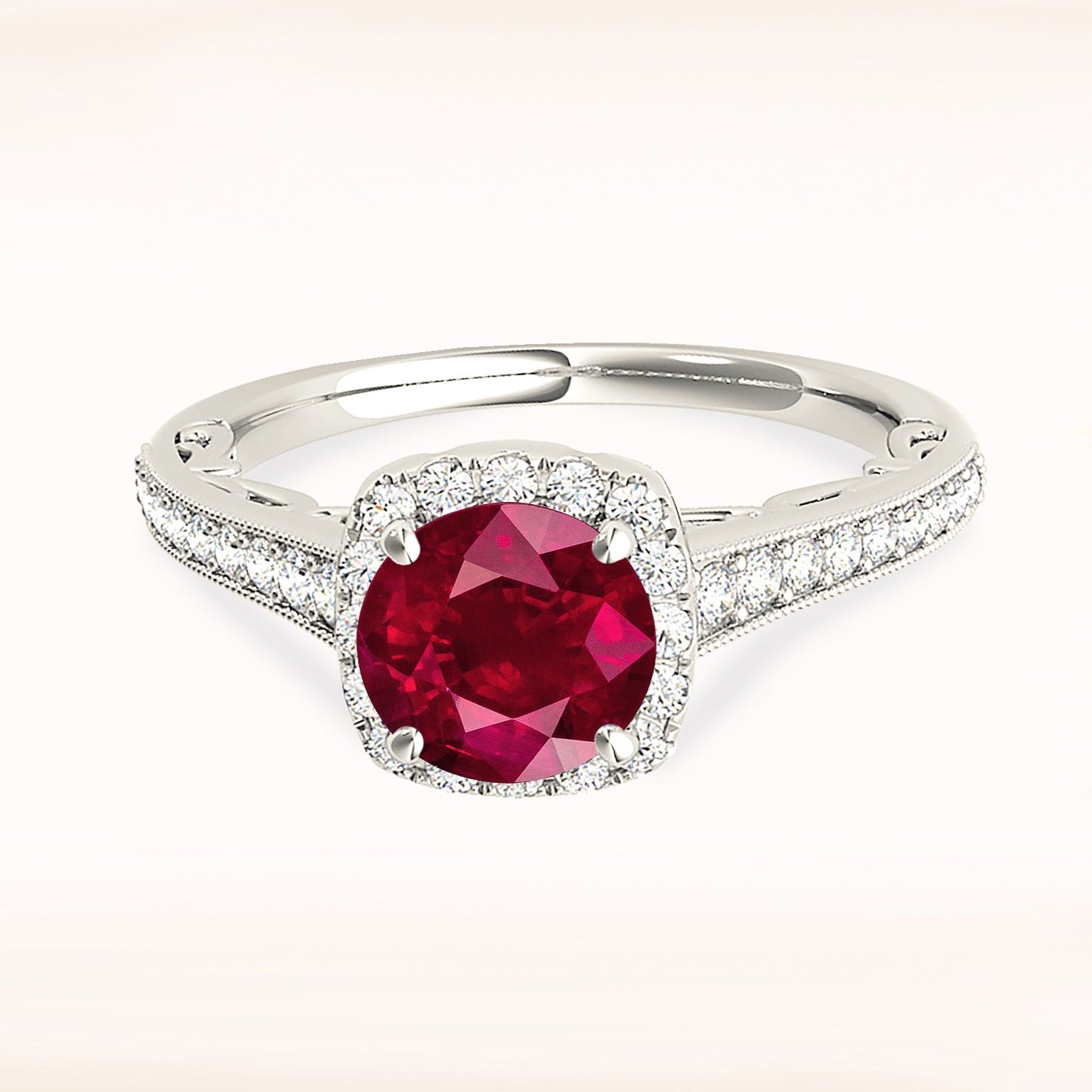 1.79 ct. Genuine Ruby Ring With 0.35 ctw. Diamond Cushion Halo And Milgrain Diamond Band, Filigree Design-in 14K/18K White, Yellow, Rose Gold and Platinum - Christmas Jewelry Gift -VIRABYANI