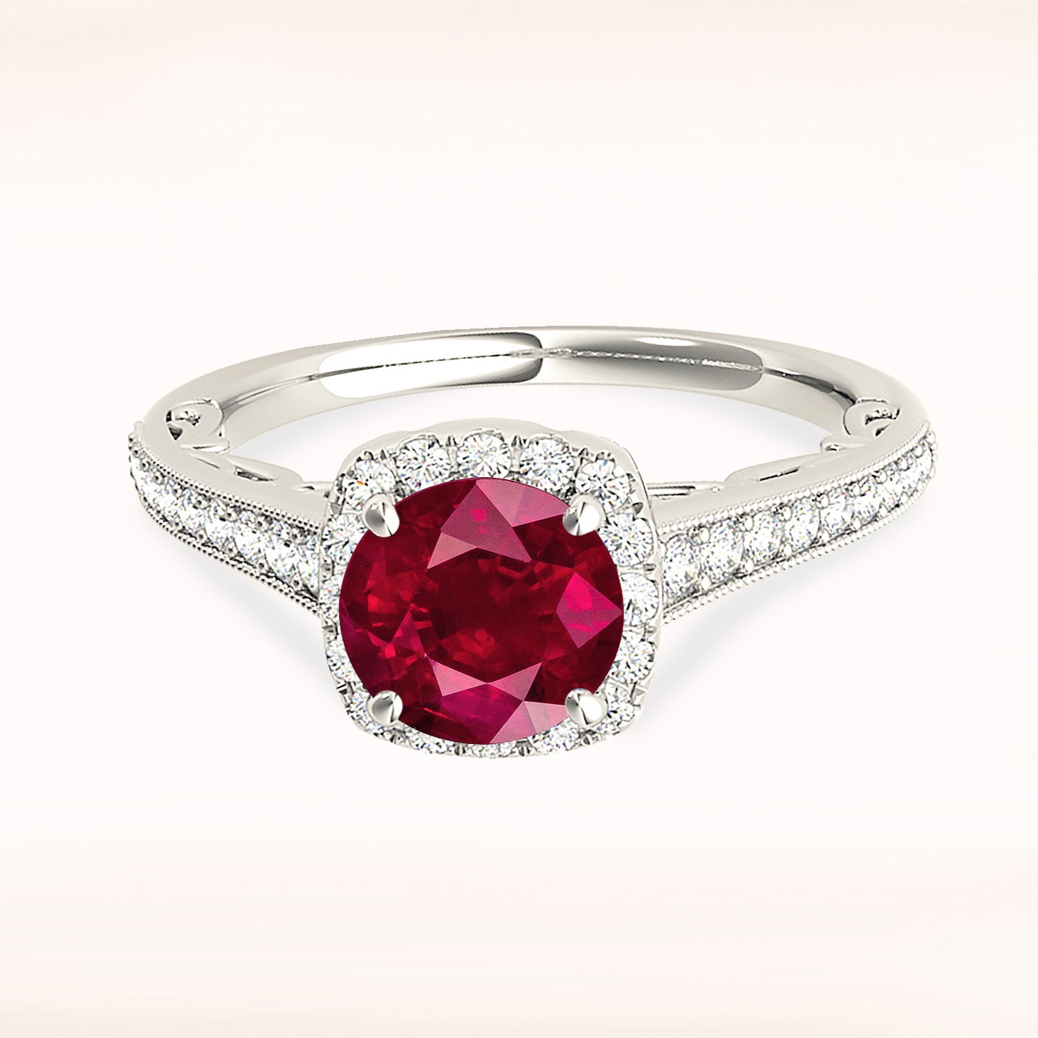 1.79 ct. Genuine Ruby Ring With 0.35 ctw. Diamond Cushion Halo And Milgrain Diamond Band, Filigree Design-VIRABYANI