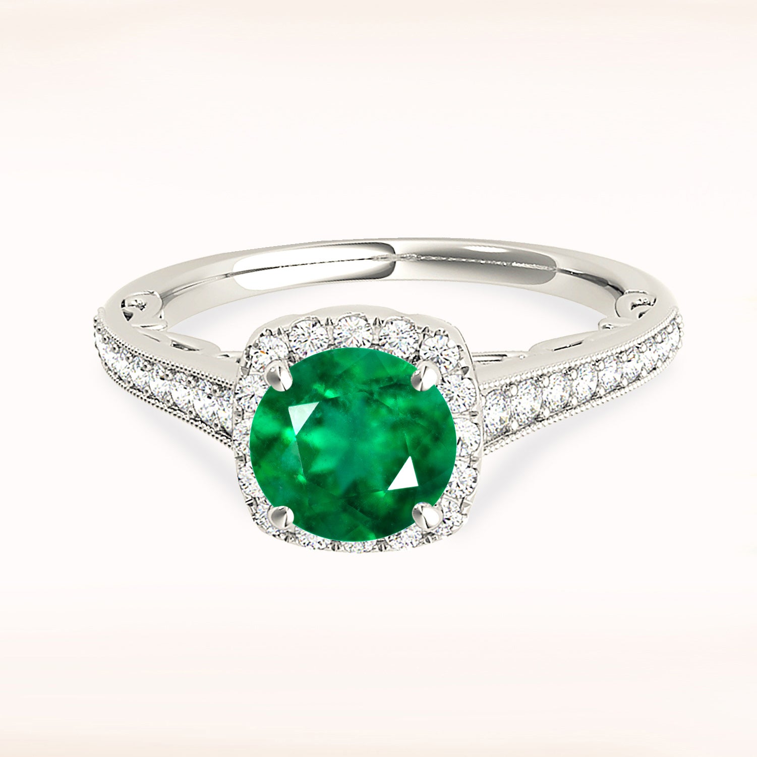 1.75 ct. Genuine Emerald Halo Ring With 0.35 ctw. Accent Diamonds,Milgrain Design-VIRABYANI