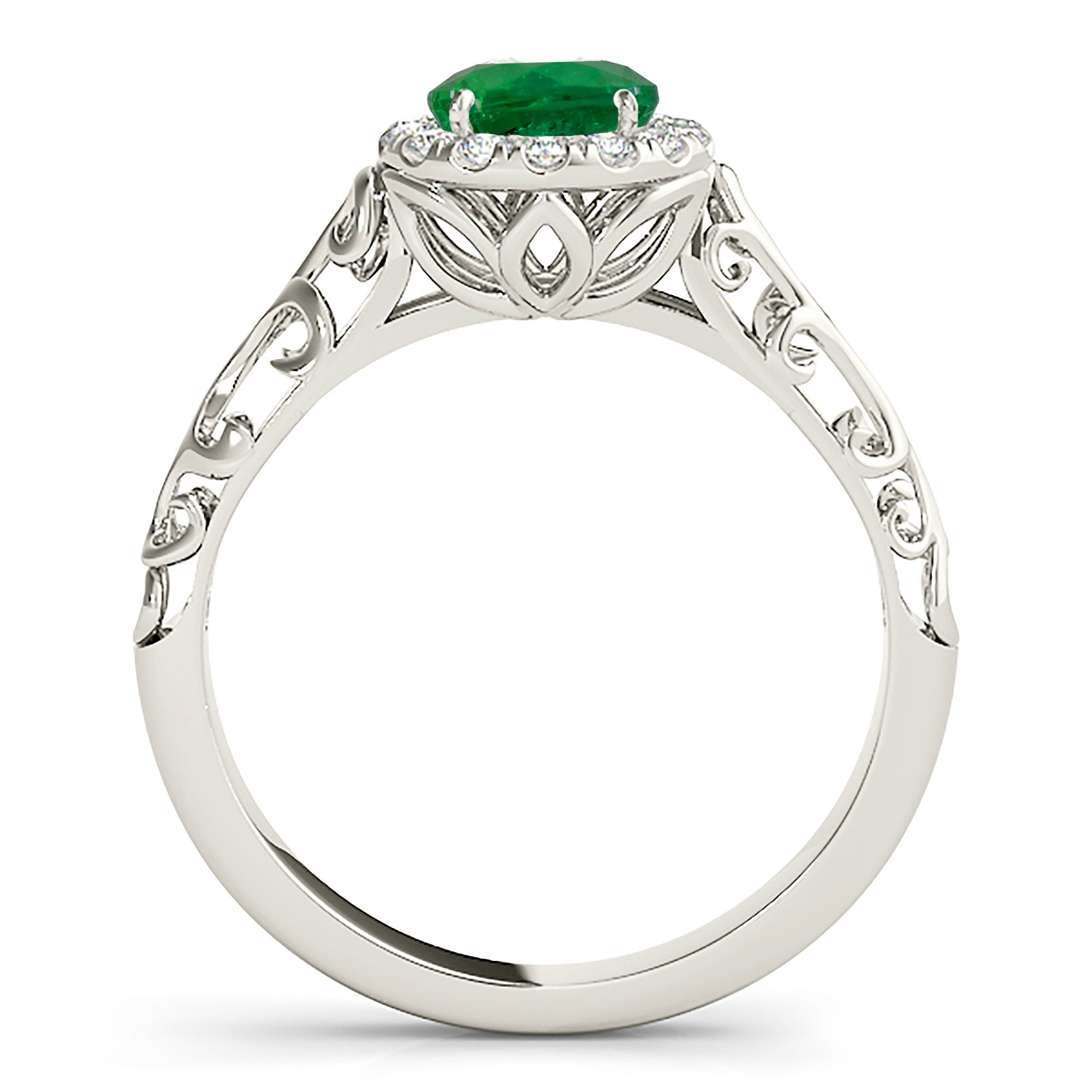 1.00 ct. Genuine Emerald Ring With 0.10 ctw. Diamond Halo And Hand Carved Solid Gold Floral Band-VIRABYANI