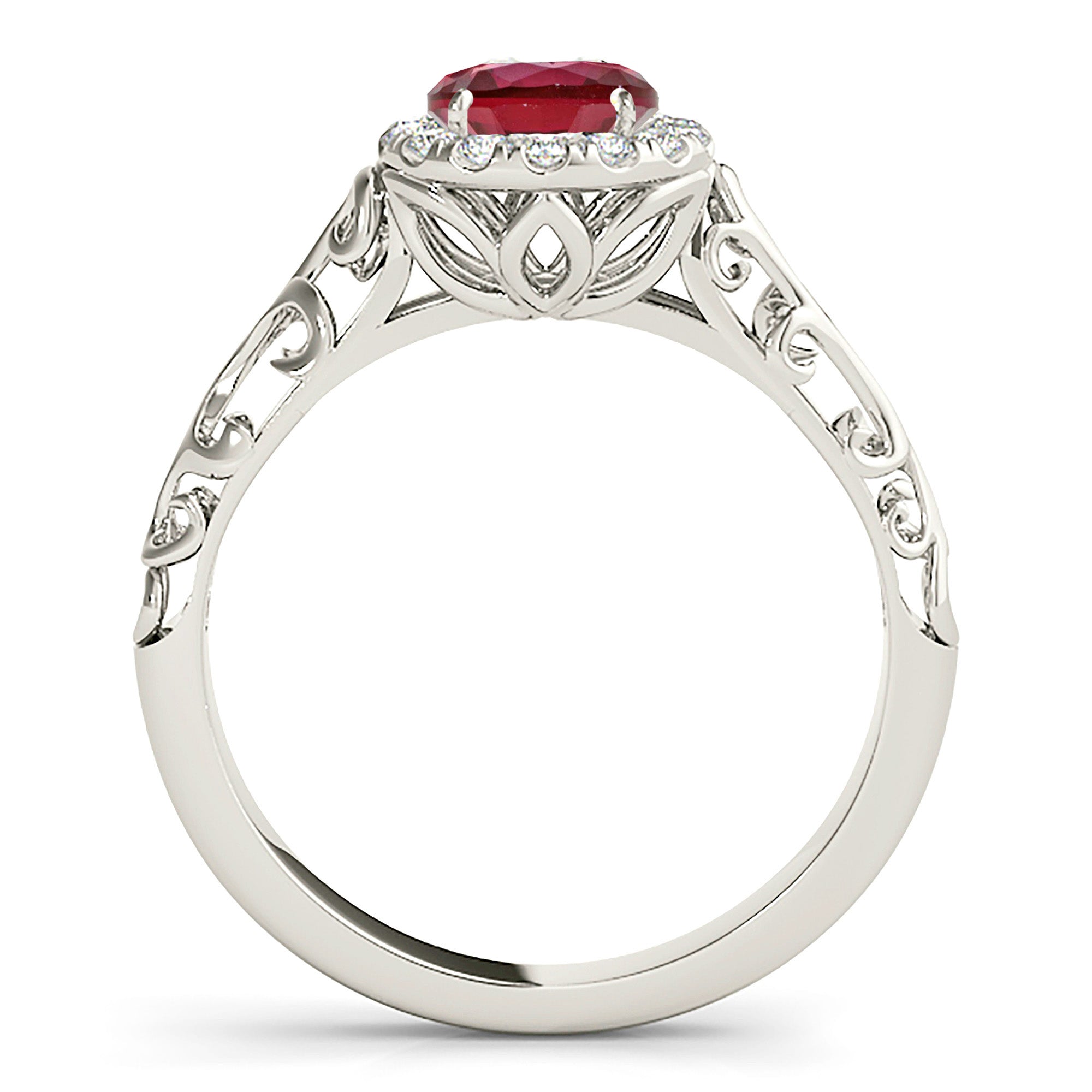 1.16 ct. Genuine Ruby Ring With 0.10 ctw. Diamond Halo , Hand Caved Filigree Fancy Band | Round Ruby Halo Ring | Natural Ruby Ring-VIRABYANI