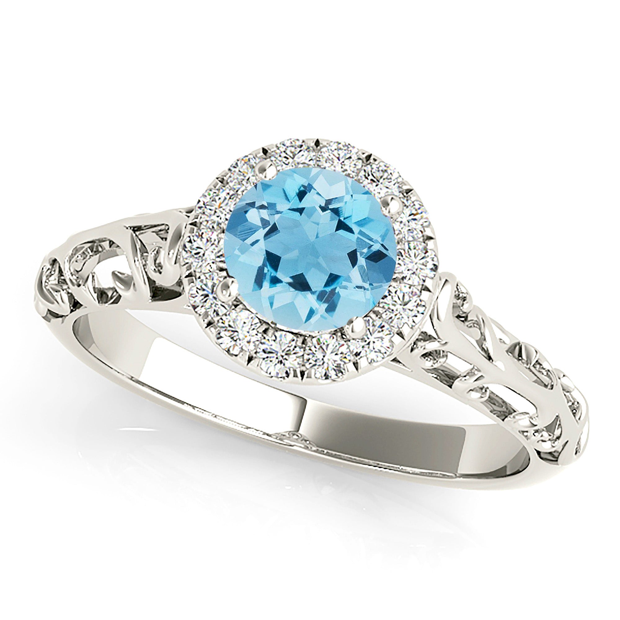1.00 ct. Genuine Aquamarine Ring With 0.10 ctw. Diamond Halo, Floral Basket and Hand carved Fancy Band | Round Blue Aquamarine Halo Ring-VIRABYANI