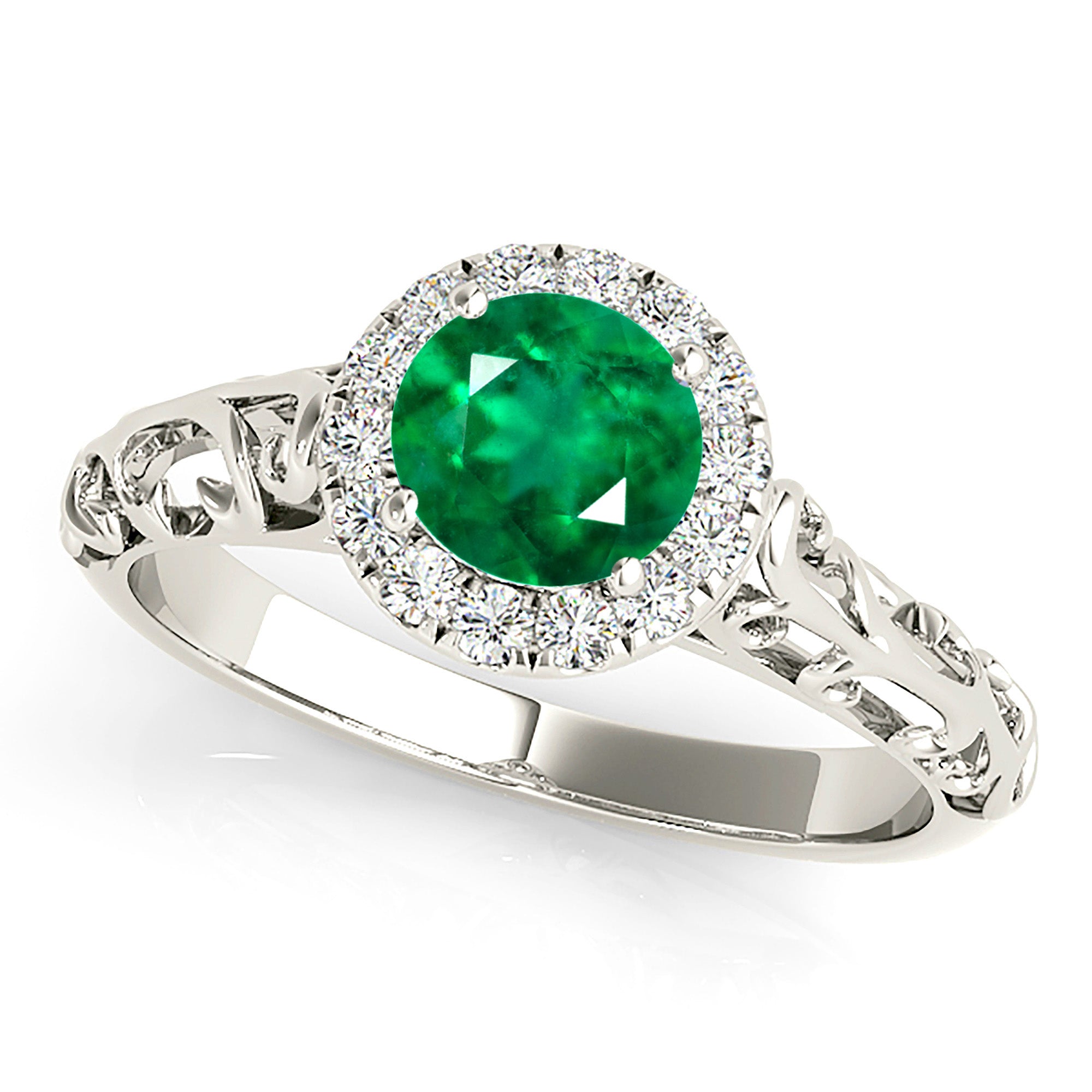 1.00 ct. Genuine Emerald Ring With 0.10 ctw. Diamond Halo And Hand Carved Solid Gold Floral Band-VIRABYANI