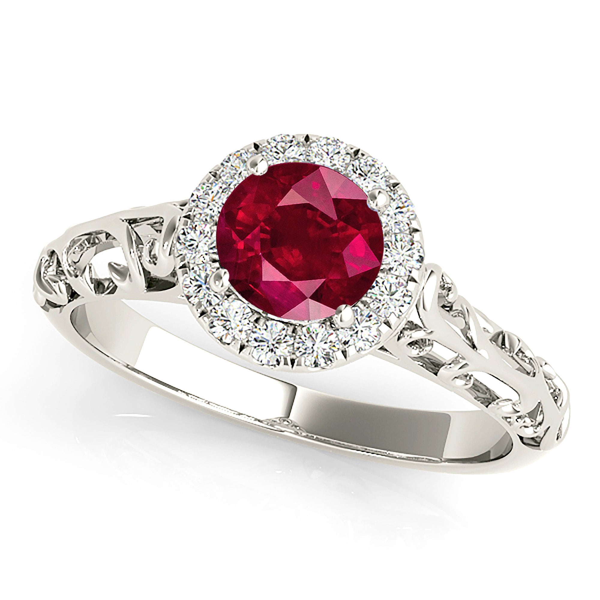 1.16 ct. Genuine Ruby Ring With 0.10 ctw. Diamond Halo , Hand Caved Filigree Fancy Band | Round Ruby Halo Ring | Natural Ruby Ring-in 14K/18K White, Yellow, Rose Gold and Platinum - Christmas Jewelry Gift -VIRABYANI