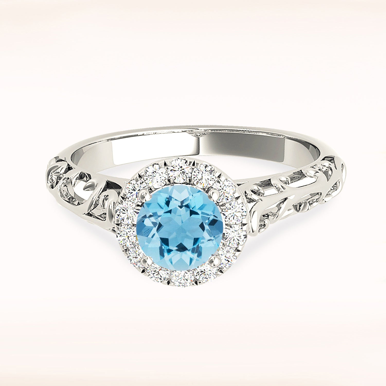 1.00 ct. Genuine Aquamarine Ring With 0.10 ctw. Diamond Halo, Floral Basket and Hand carved Fancy Band | Round Blue Aquamarine Halo Ring-VIRABYANI