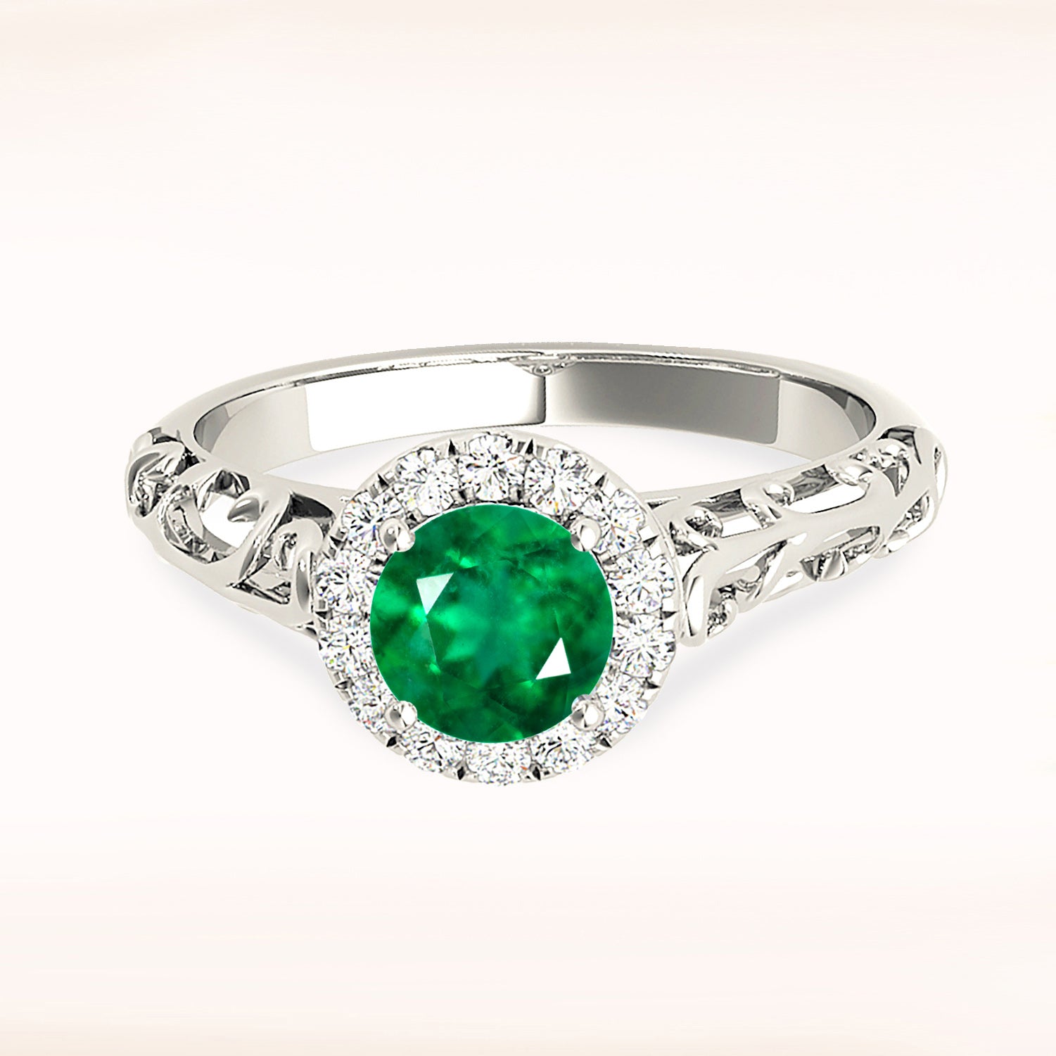 1.00 ct. Genuine Emerald Ring With 0.10 ctw. Diamond Halo And Hand Carved Solid Gold Floral Band-VIRABYANI