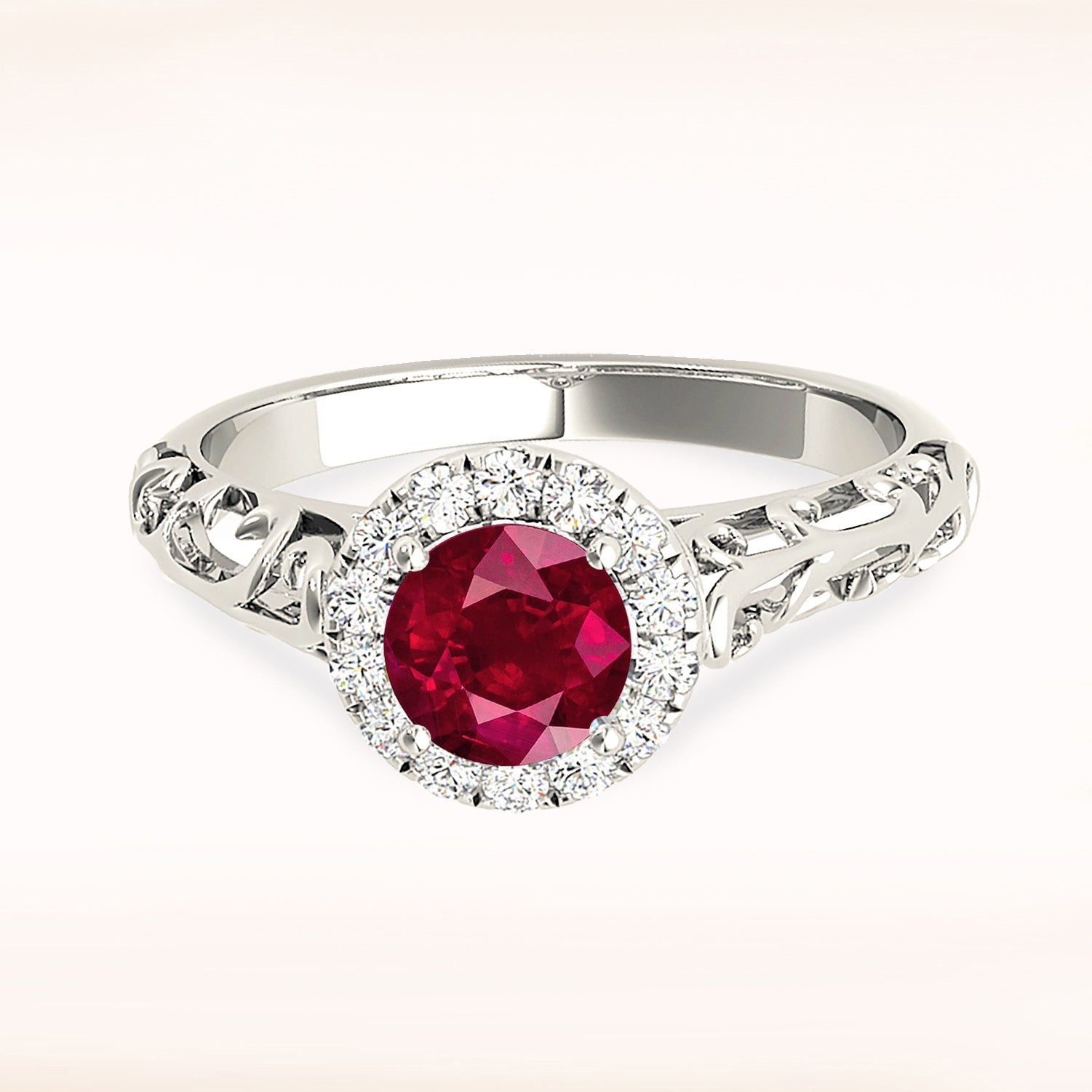 1.16 ct. Genuine Ruby Ring With 0.10 ctw. Diamond Halo , Hand Caved Filigree Fancy Band | Round Ruby Halo Ring | Natural Ruby Ring-in 14K/18K White, Yellow, Rose Gold and Platinum - Christmas Jewelry Gift -VIRABYANI