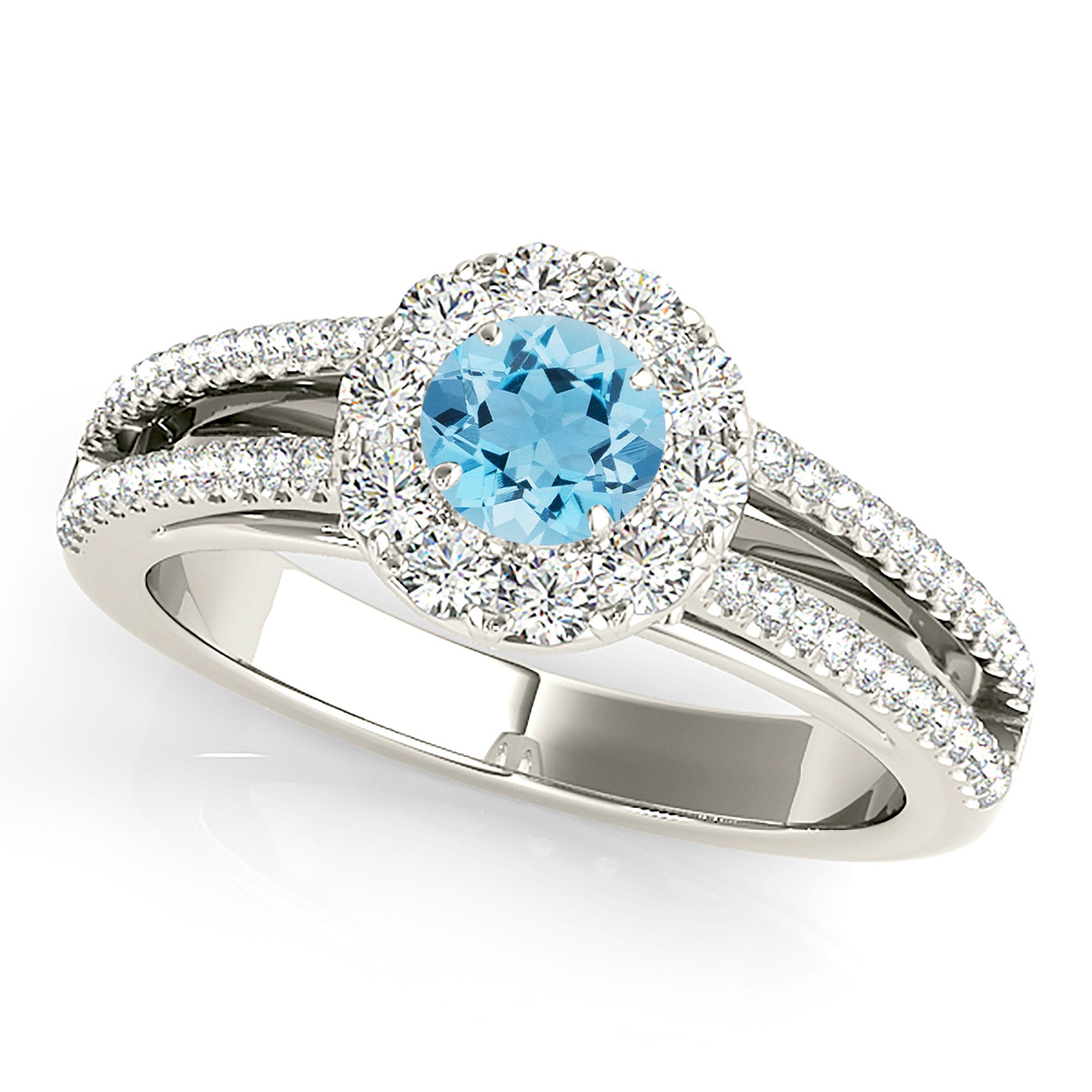 0.83 ct. Genuine Aquamarine Ring with 0.50 ctw. Diamond Halo And Split Diamond Band | Round Blue Aquamarine Halo Ring-VIRABYANI